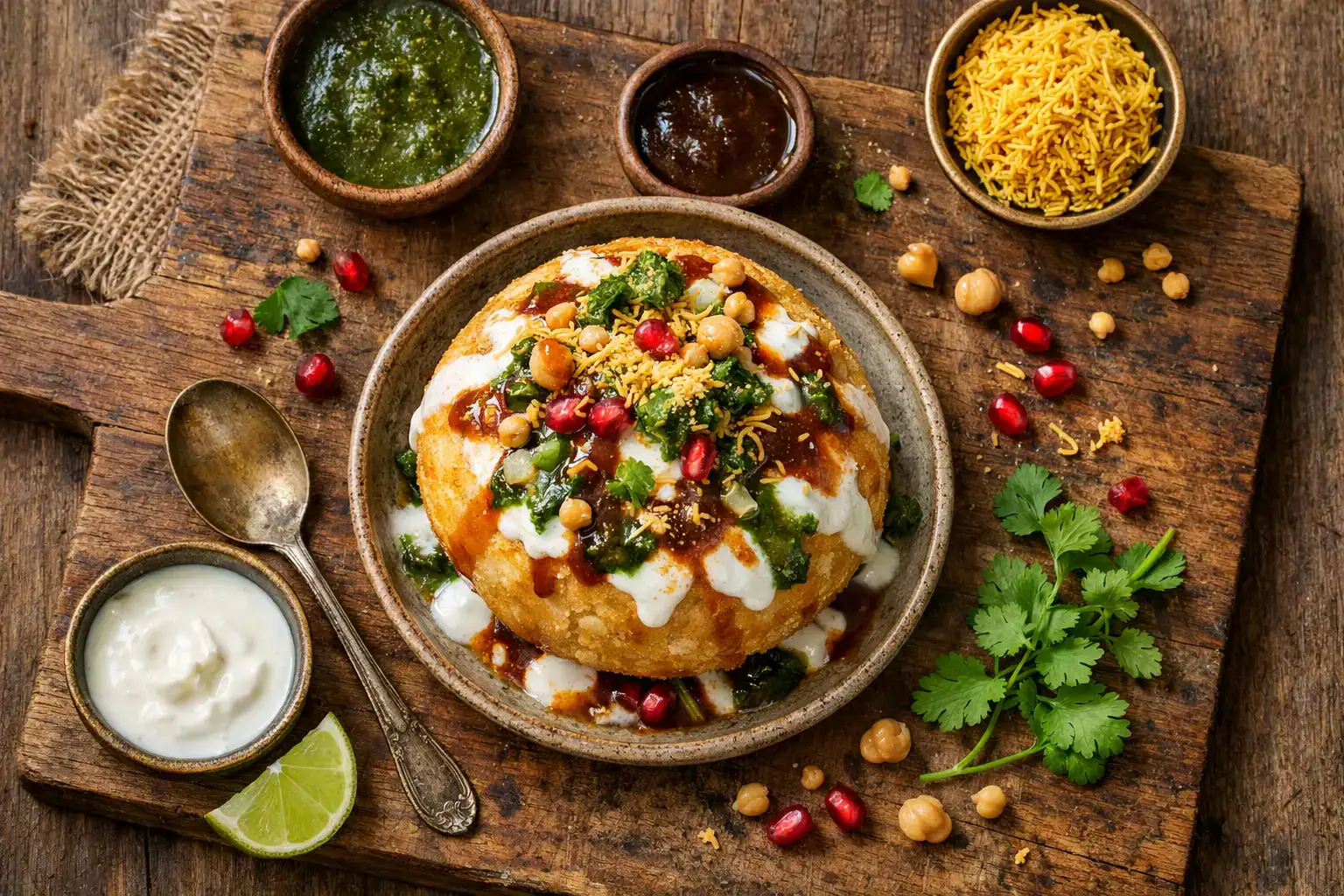 Fresh raj kachori chaat on rustic wooden table - 190 calories per piece