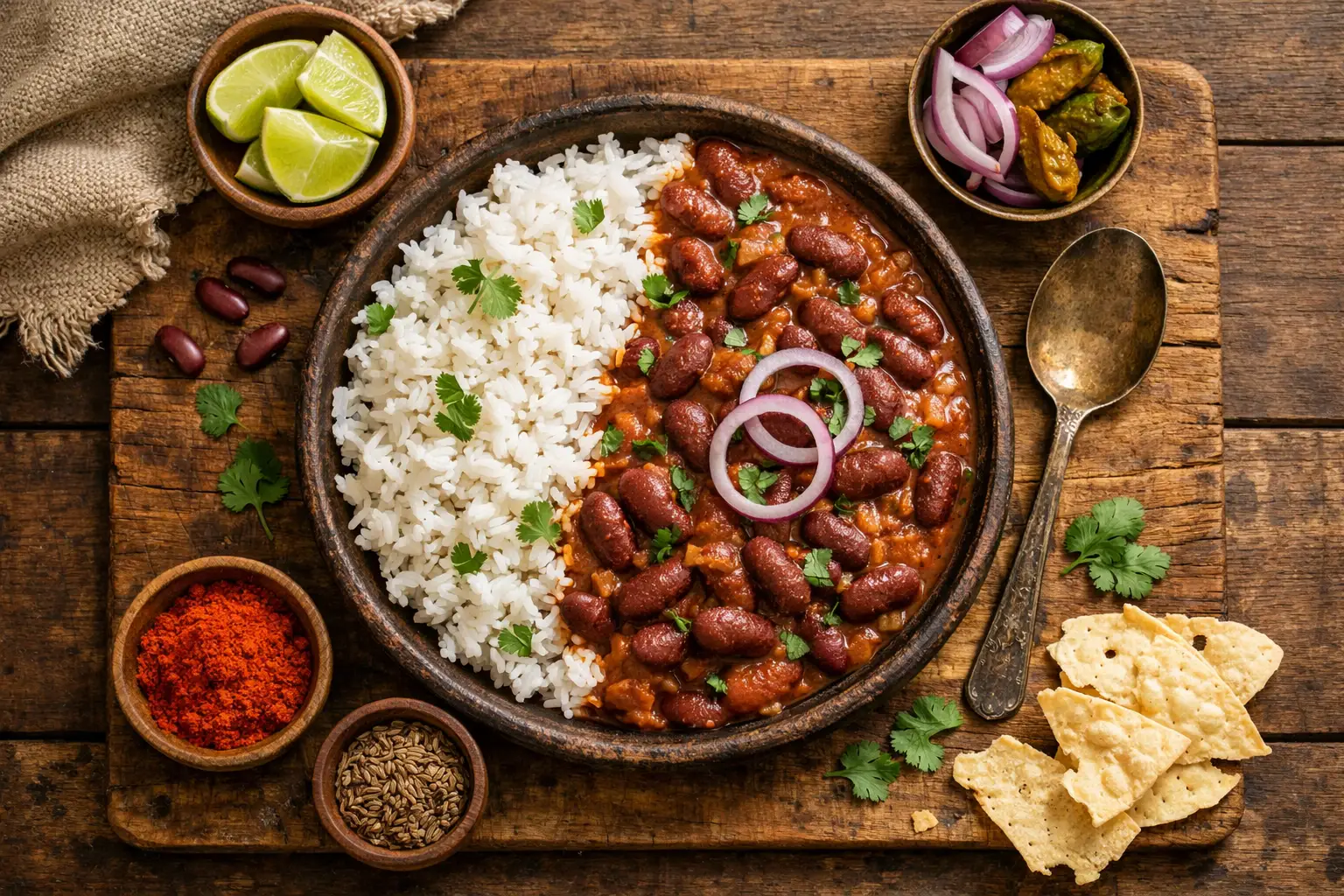 Fresh rajma chawal on rustic wooden table - 350 calories per serving