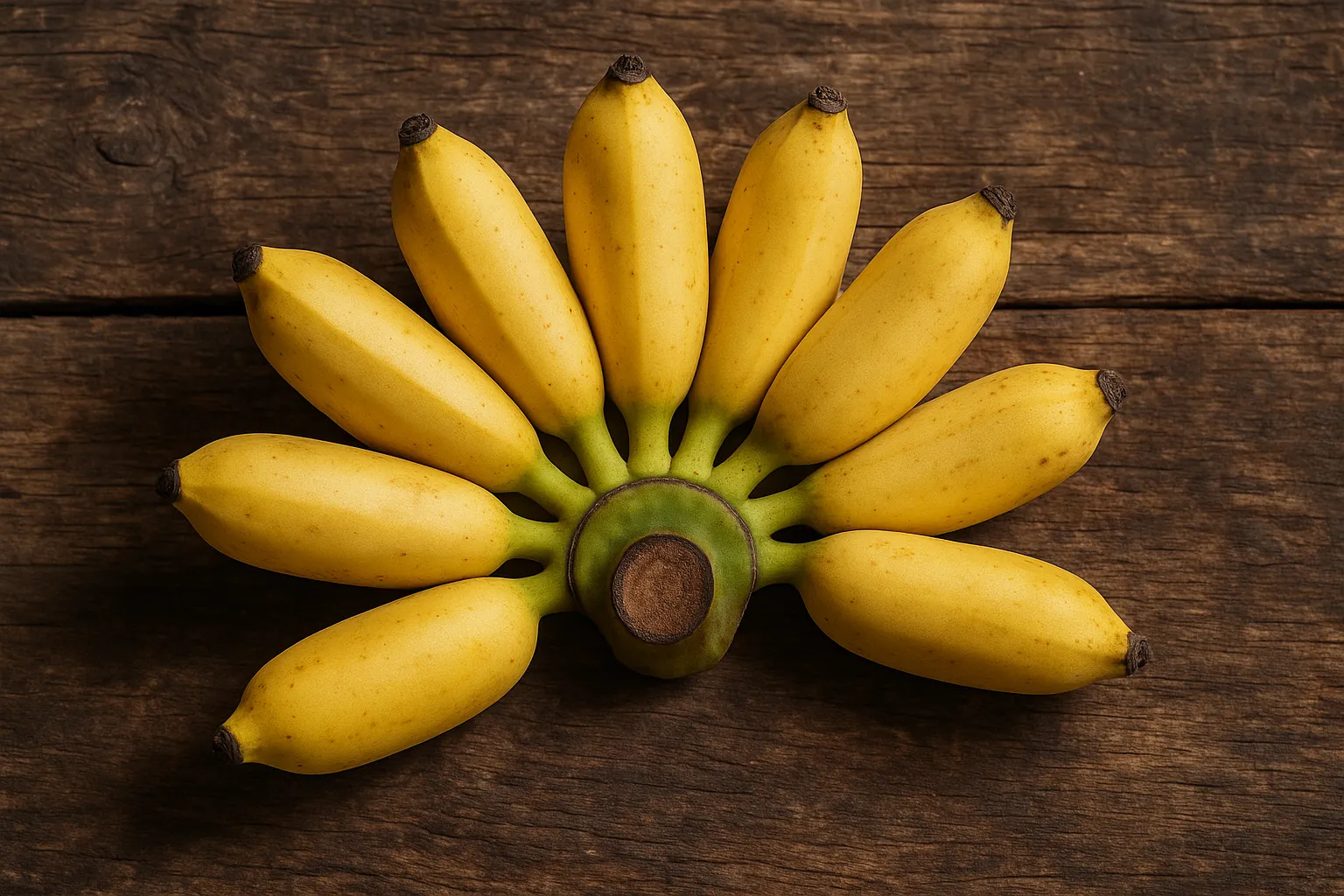 Fresh Rasathali banana on rustic wooden table - 62 calories per small banana