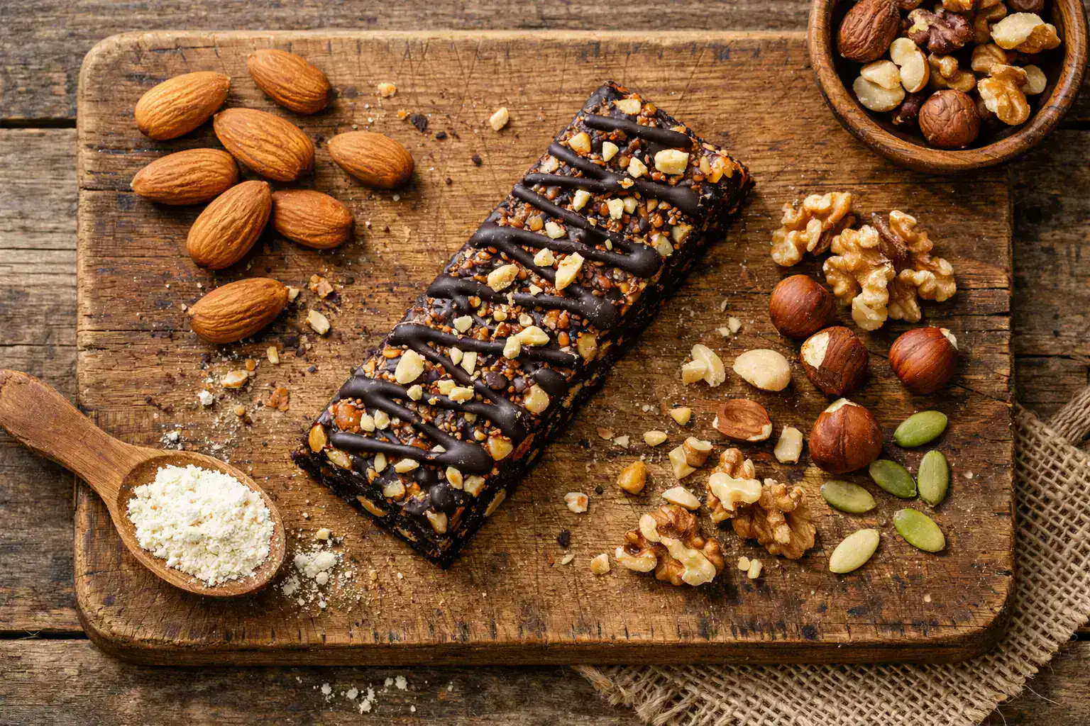 Ratio Keto Bar fresca sobre mesa de madera rústica - 220 calorías por barra