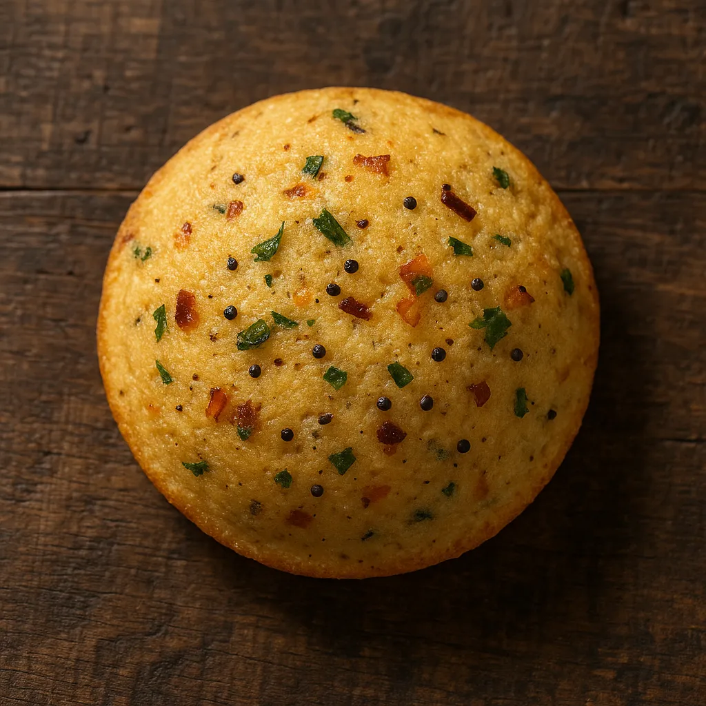 Golden-brown rava idli on rustic wooden table - 140 calories per piece