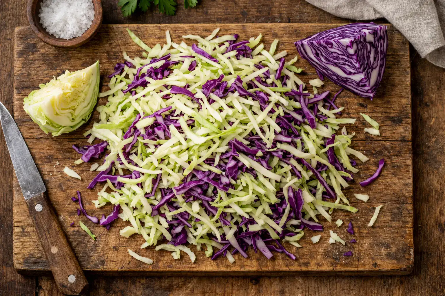 Ensalada fresca de repollo crudo en mesa rústica de madera - 25 calorías por 100 g