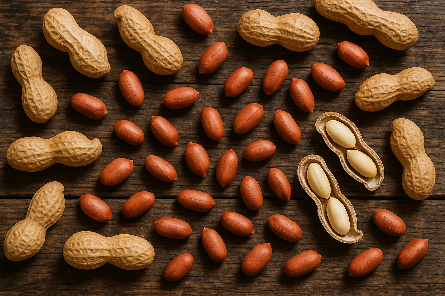 Fresh raw peanuts on rustic wooden table - 567 calories per 100g