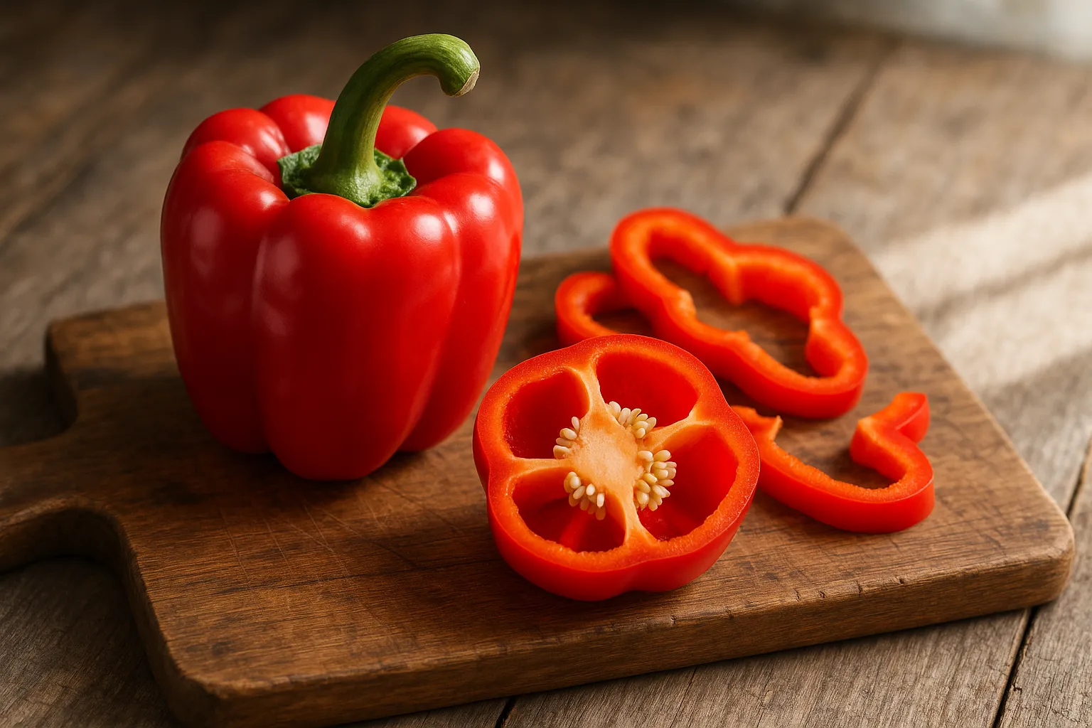 Fresh red bell pepper on rustic wooden table - 37 calories per medium pepper