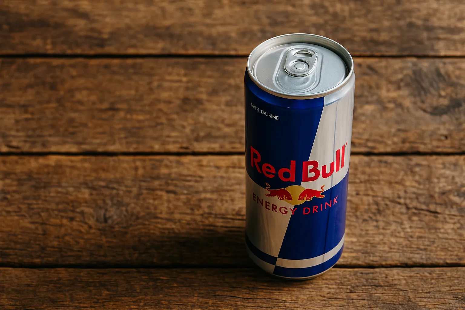Fresh Red Bull energy drink can on rustic wooden table - 112 calories per 250ml can