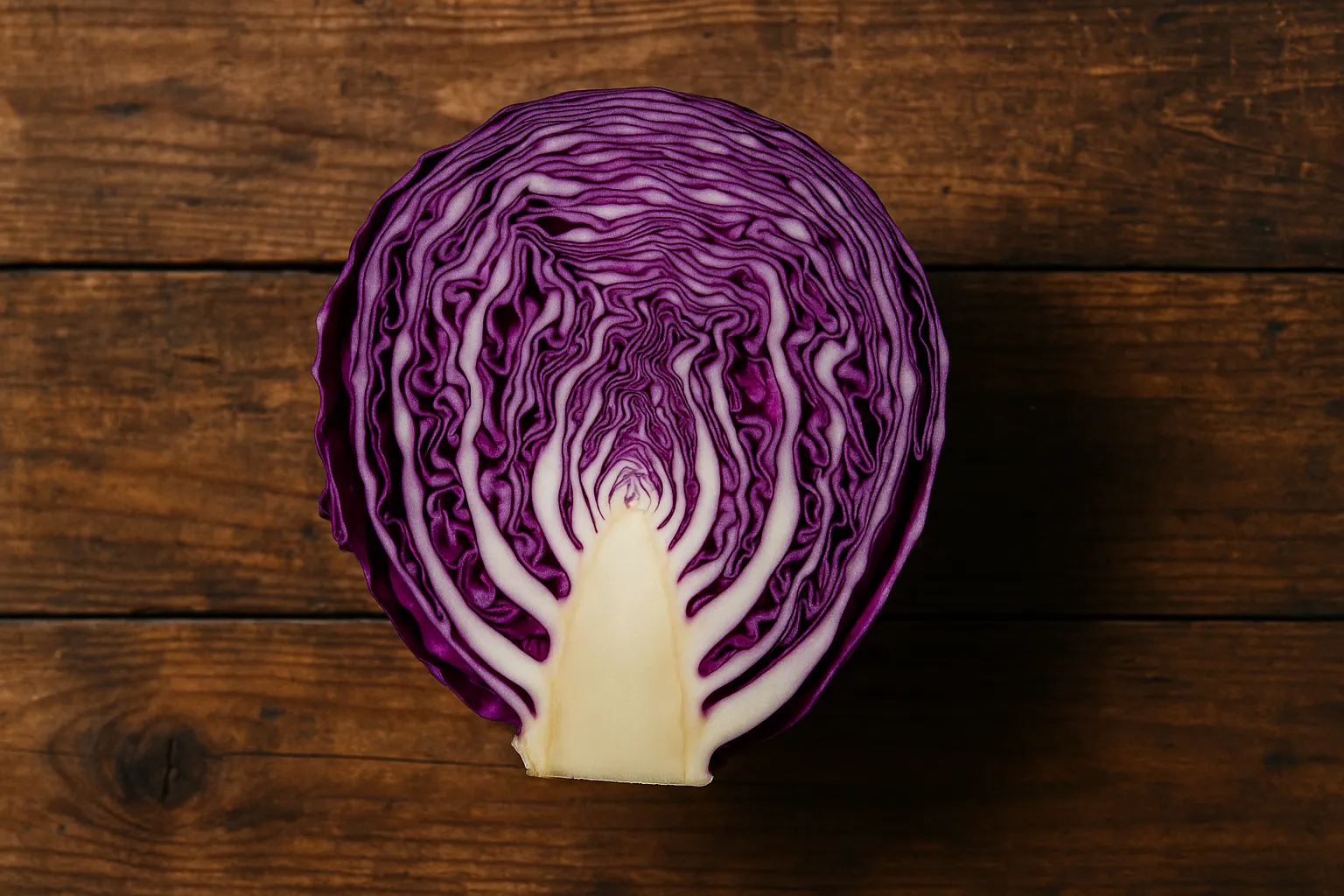 Fresh red cabbage on rustic wooden table - 31 calories per 100g
