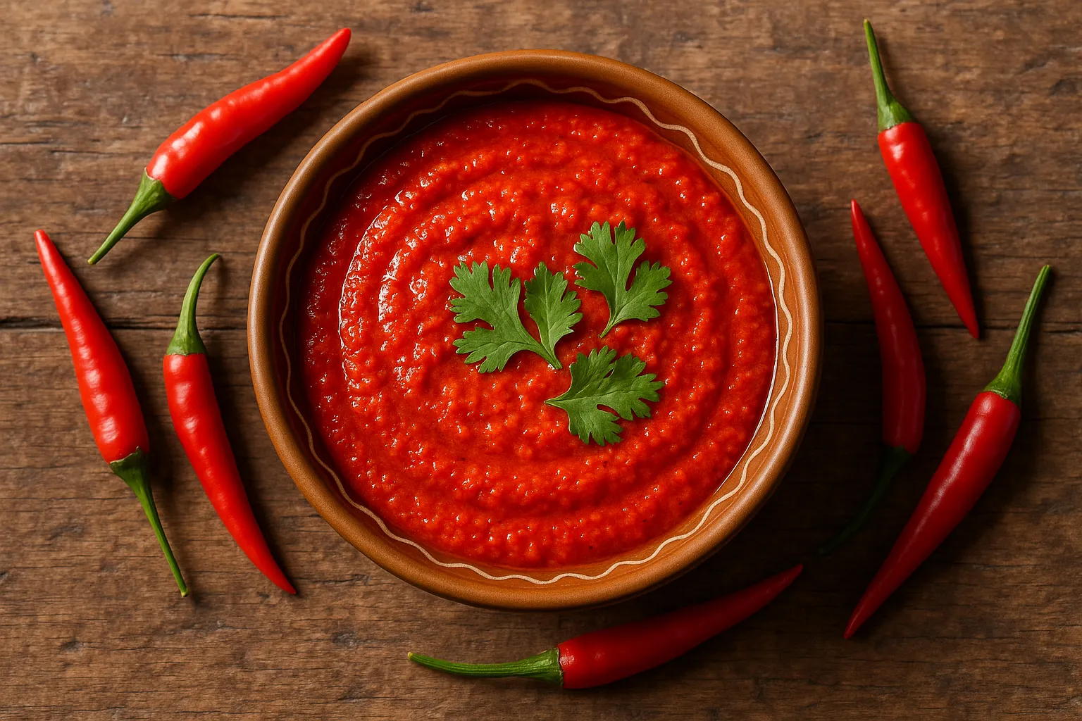 Fresh red chilli chutney on rustic wooden table - 70 calories per 2 tablespoons