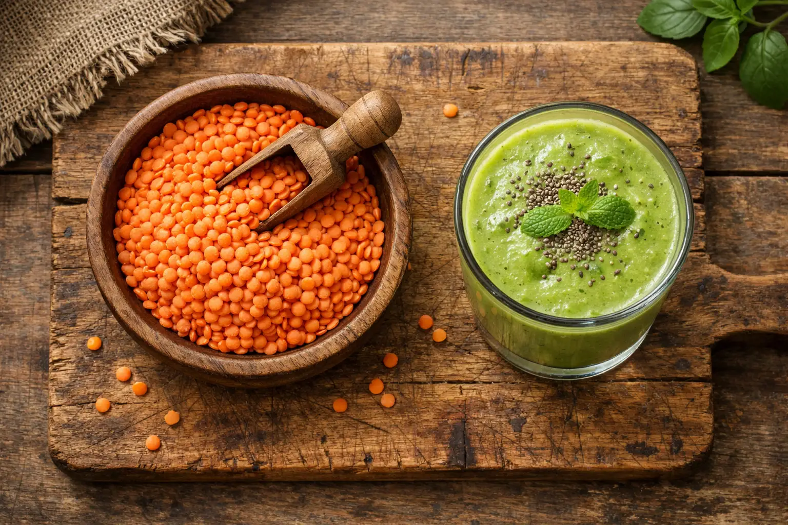 Frische rote Linsen und Smoothie auf rustikalem Holztisch - 35 Kalorien pro 2 Esslöffel Portion