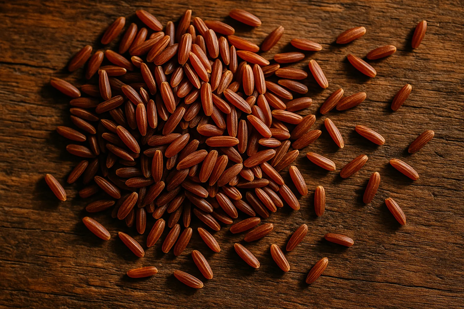Red rice grains on rustic wooden table - 111 calories per 100g cooked