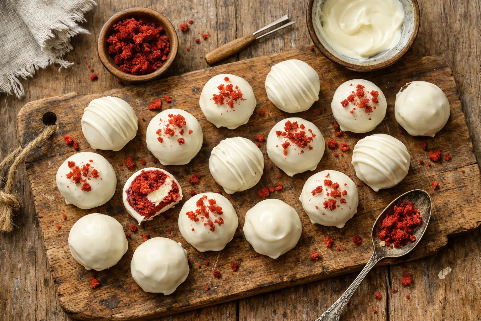 Frische Red Velvet Cake Truffle Balls auf rustikalem Holztisch – 95 Kalorien pro Stück