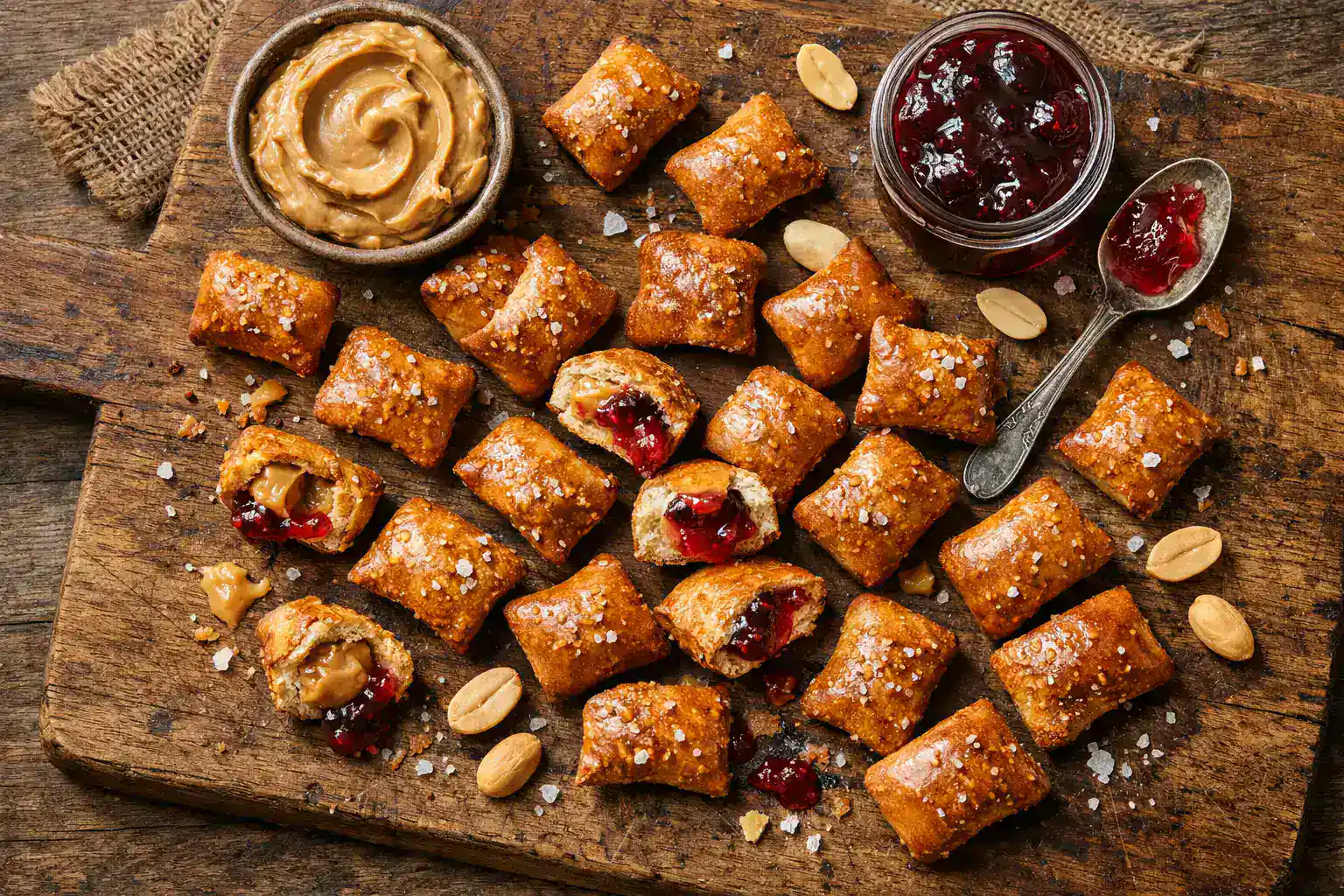 REESE'S PB&J Filled Pretzels on rustic wooden table - 130 calories per 7 pieces