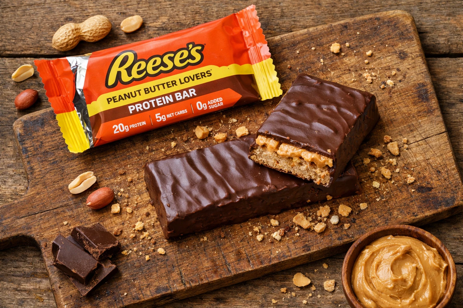 Barra proteica fresca ONE Reese's Peanut Butter Lovers sobre mesa de madera rústica - 220 calorías por barra