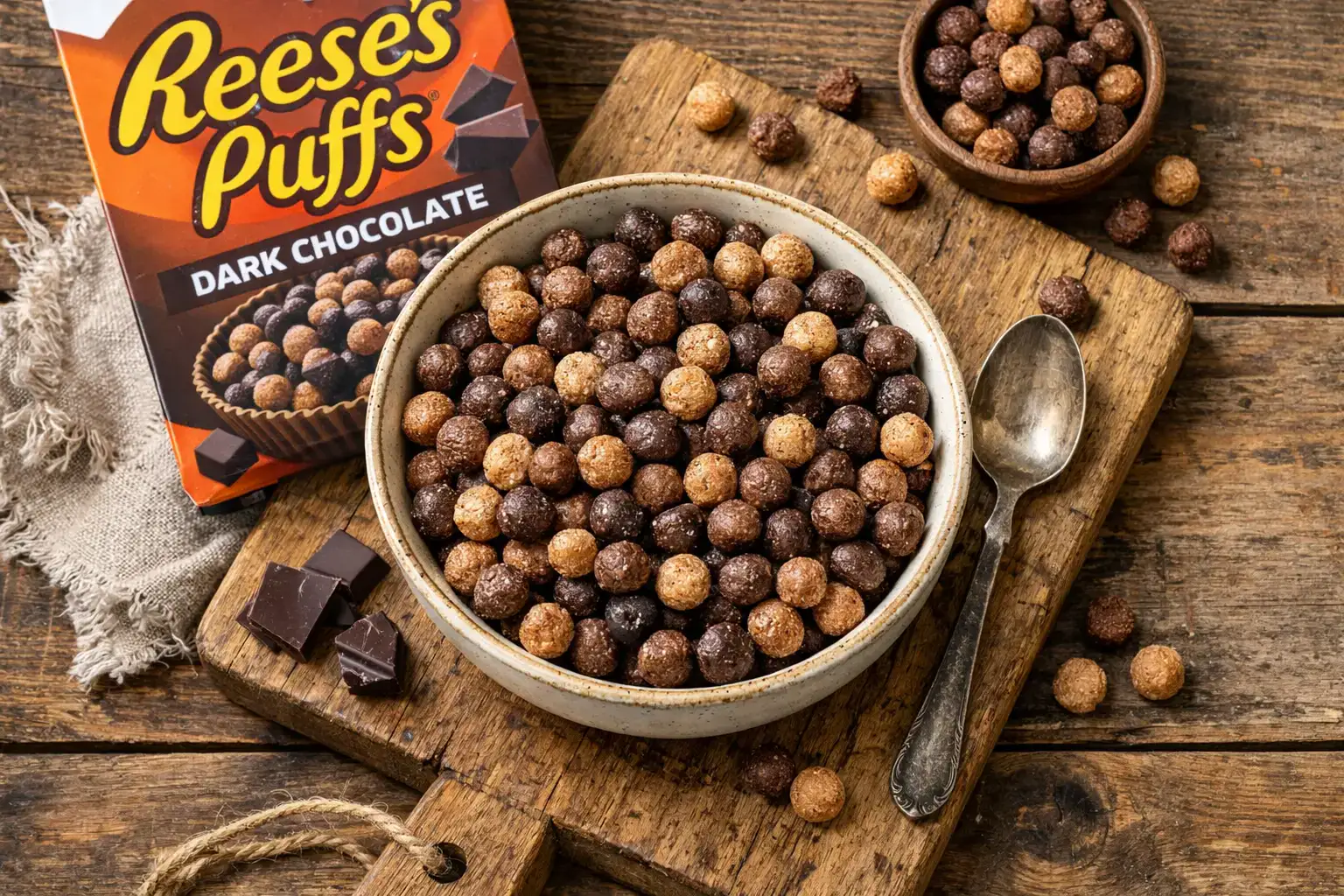 Reese's Puffs Dark Chocolate Müsli in einer Schüssel auf rustikalem Holztisch – 160 Kalorien pro Tasse