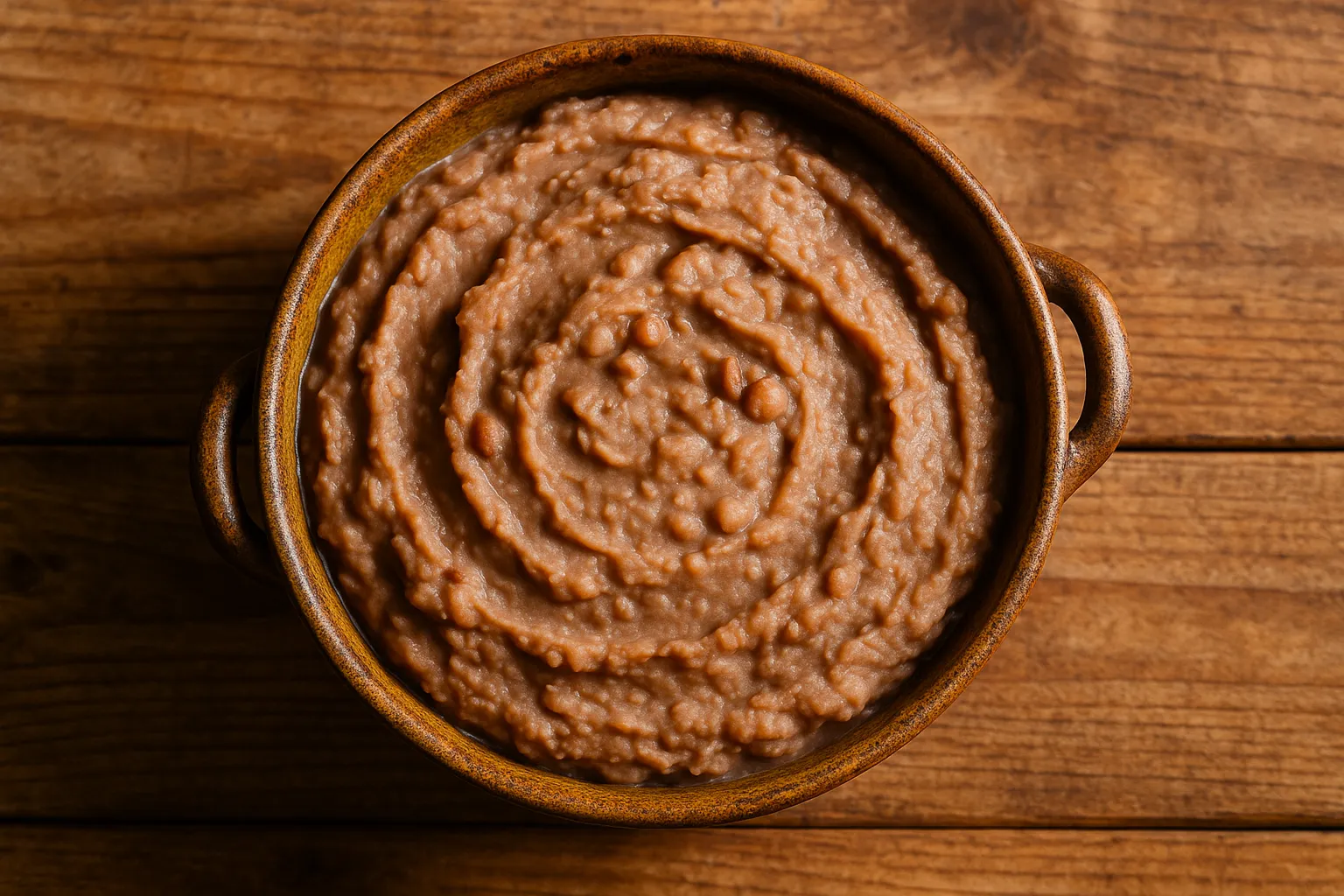 Fresh refried beans on rustic wooden table - 90 calories per 100g