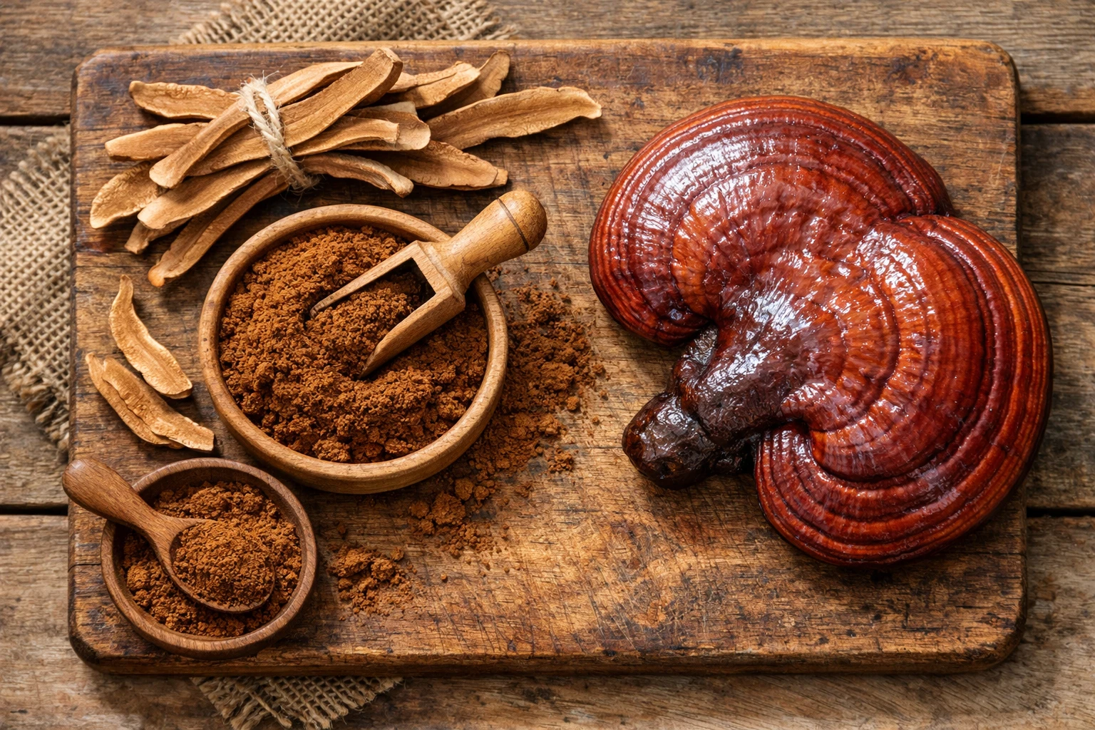 Tranches fraîches de champignon reishi sur une table en bois rustique - 5 calories par tasse de thé