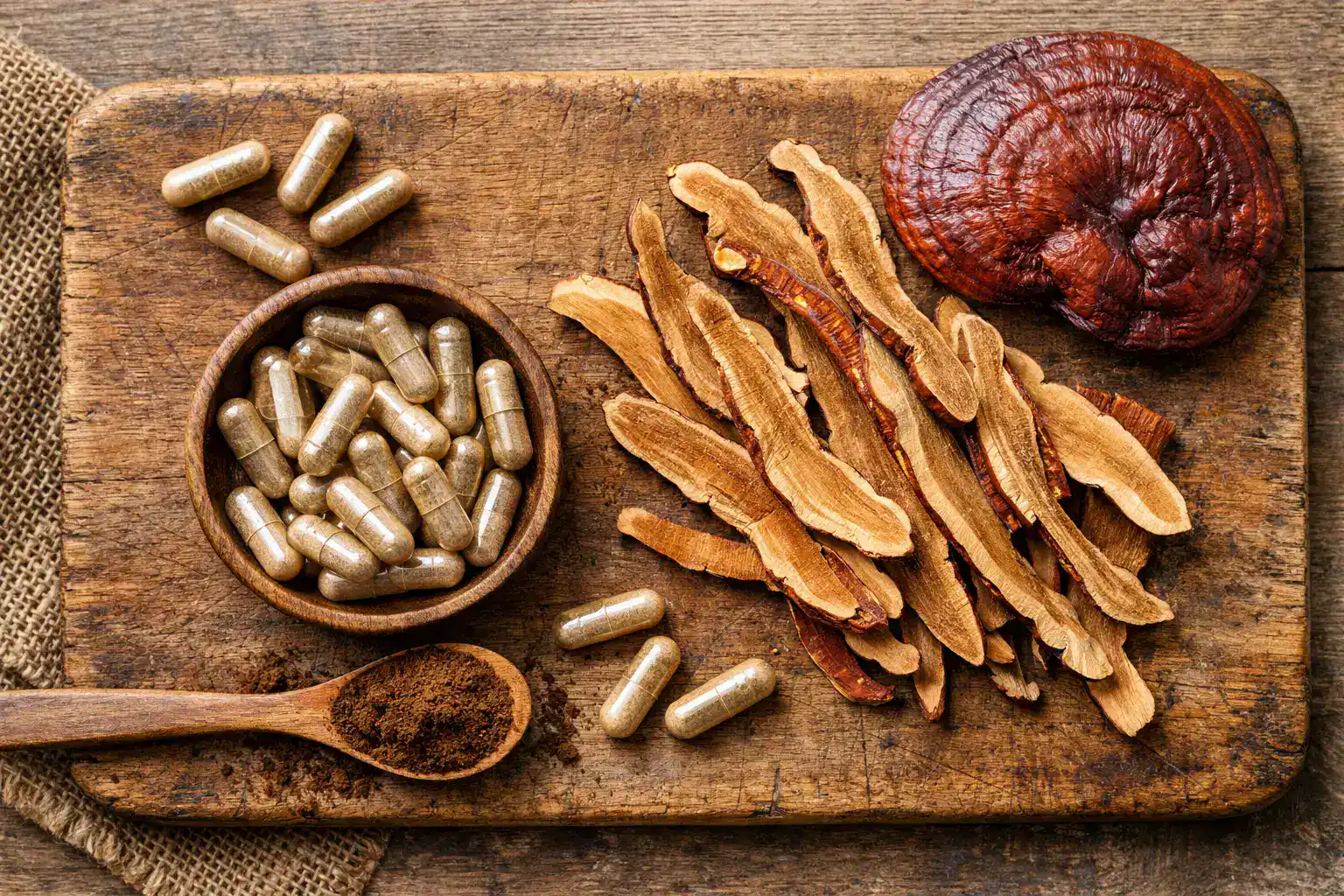 Supplément de champignon reishi frais sur une table en bois rustique - 10 calories par gélule