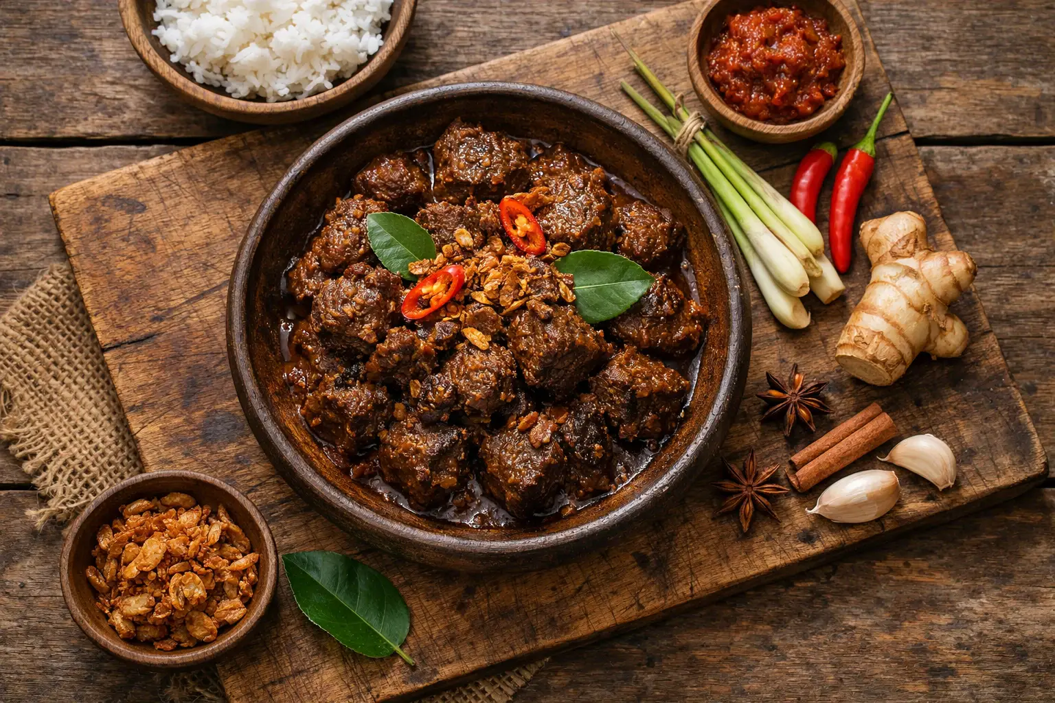 Slow-cooked beef rendang in deep red-brown spiced coconut sauce with tender caramelized meat - 193 calories per 100g
