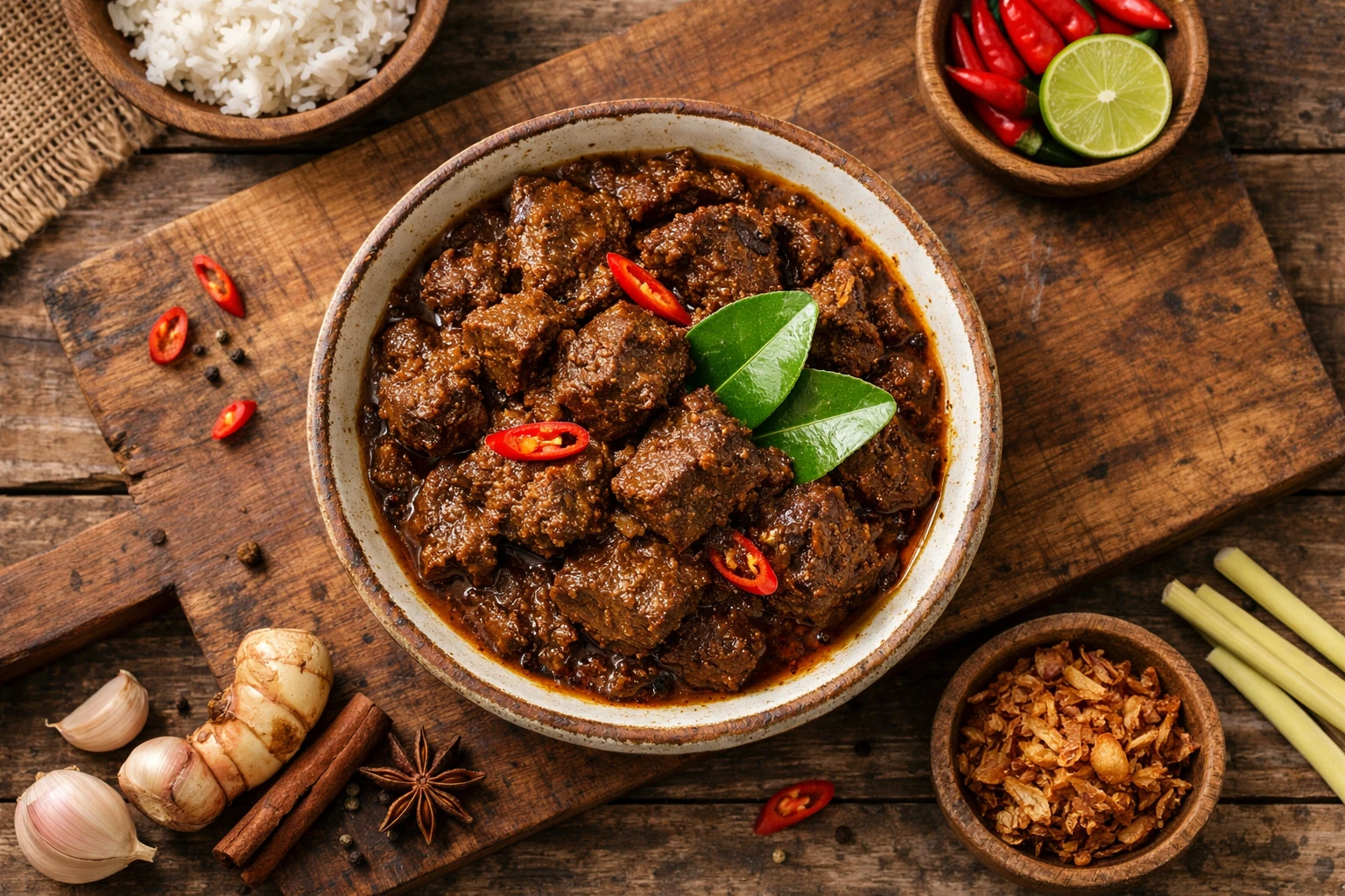 Slow-cooked beef rendang in deep red-brown spiced coconut sauce with tender caramelized meat - 193 calories per 100g
