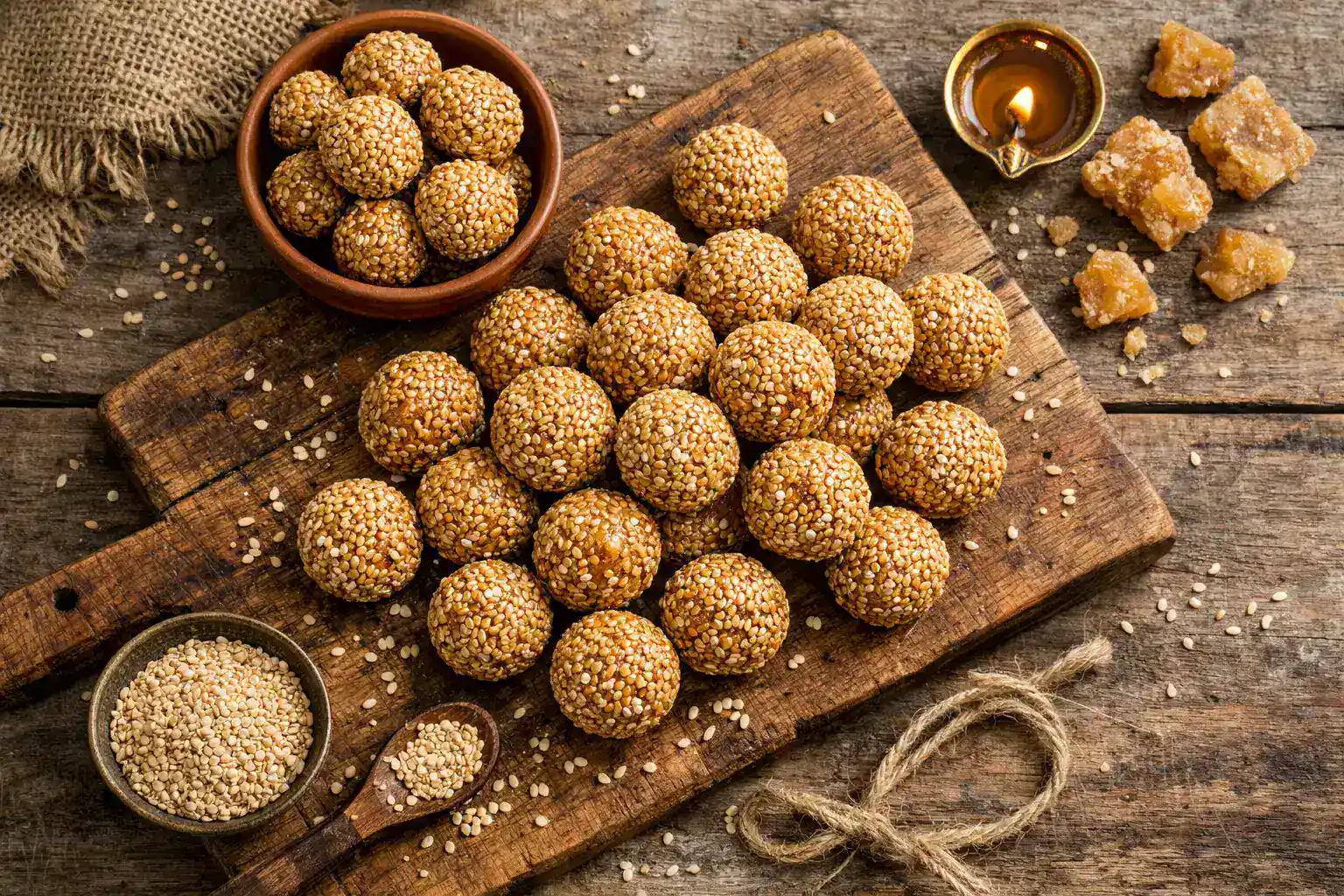 Rewri fresco, bolitas de sésamo y jaggery sobre una mesa de madera rústica - 420 calorías por 100 g