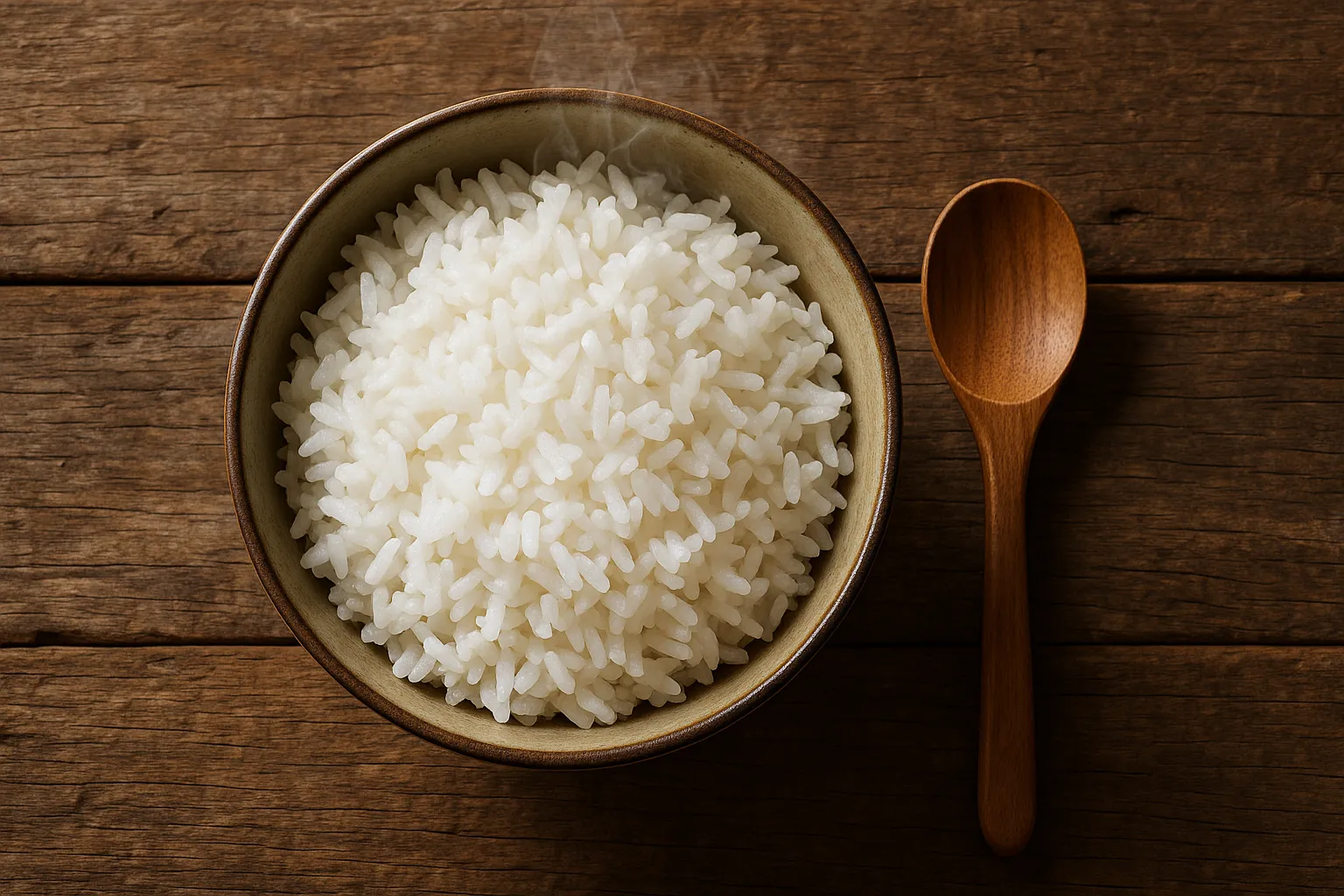 Fresh cooked white rice on rustic wooden table - 130 calories per 100g