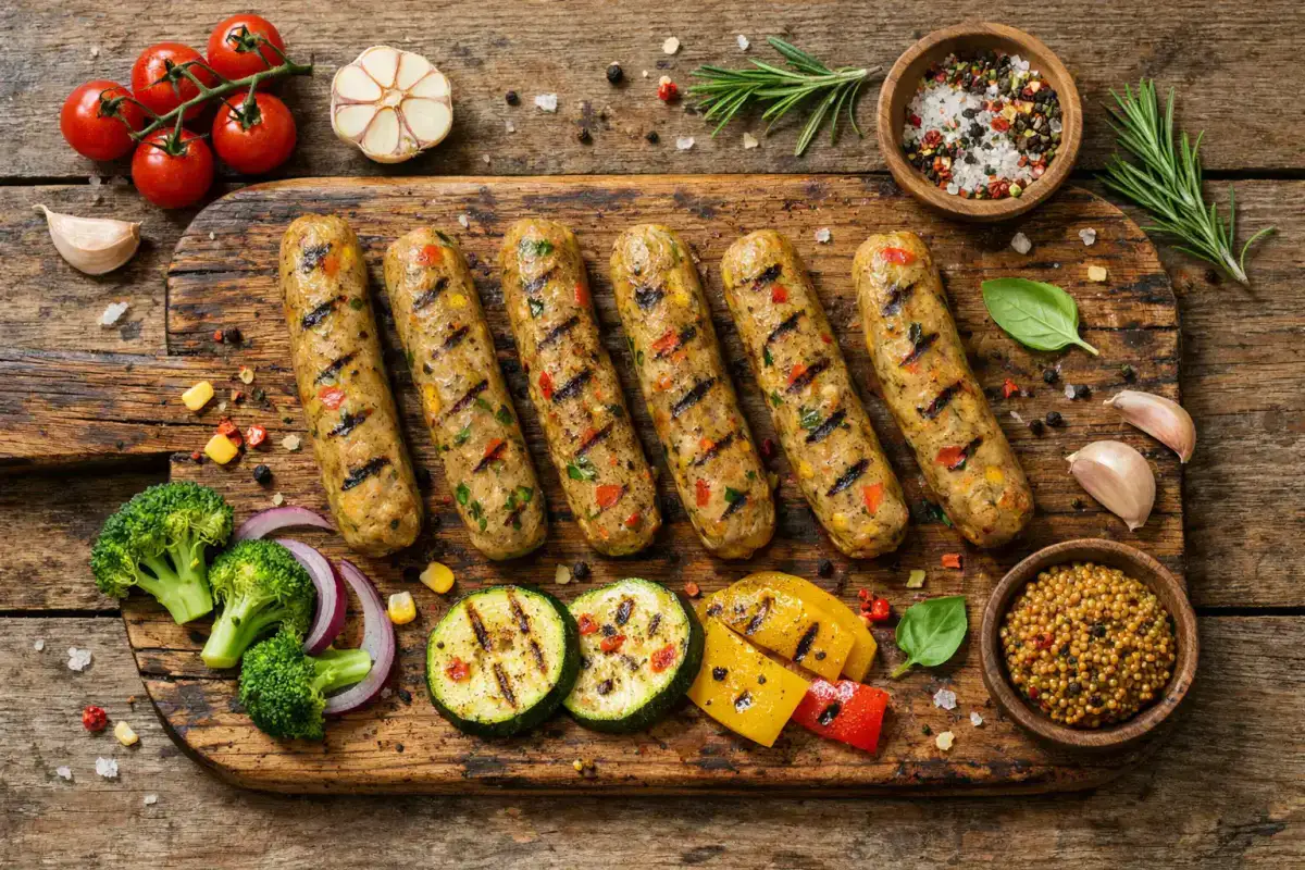 Salchichas Vegetarianas Richmond Veggie Tasty frescas sobre mesa de madera rústica - 56 calorías por salchicha