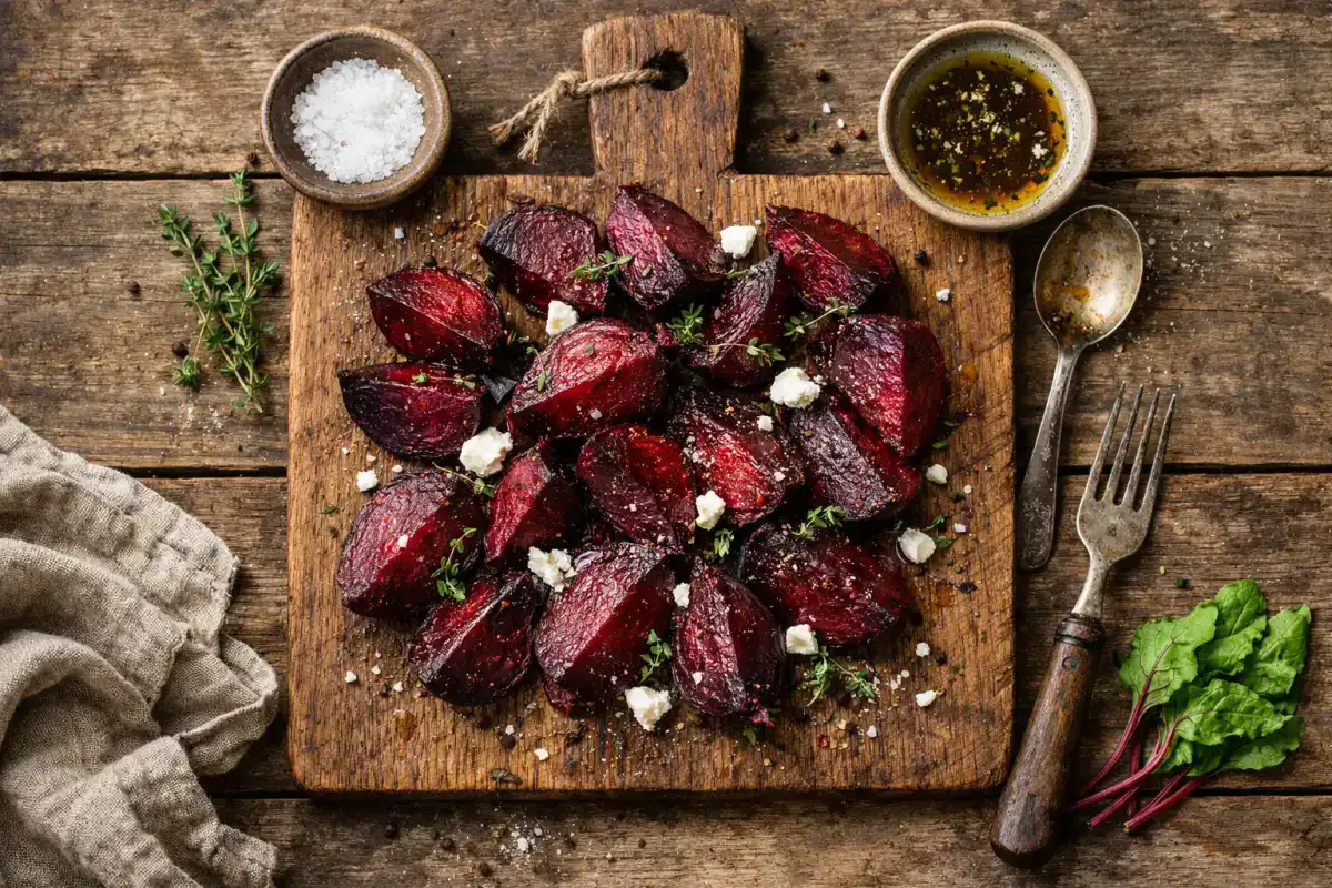 Fresh roasted beets on rustic wooden table - 44 calories per 100g