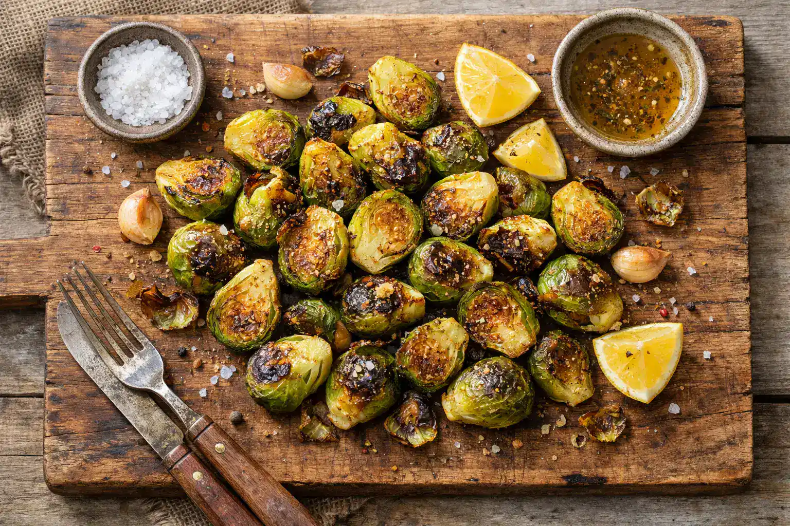 Frischer gerösteter Rosenkohl auf rustikalem Holztisch – 55 Kalorien pro 100 g