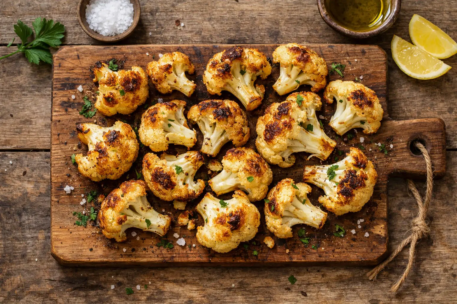 Coliflor asada fresca sobre mesa de madera rústica - 40 calorías por 100 g