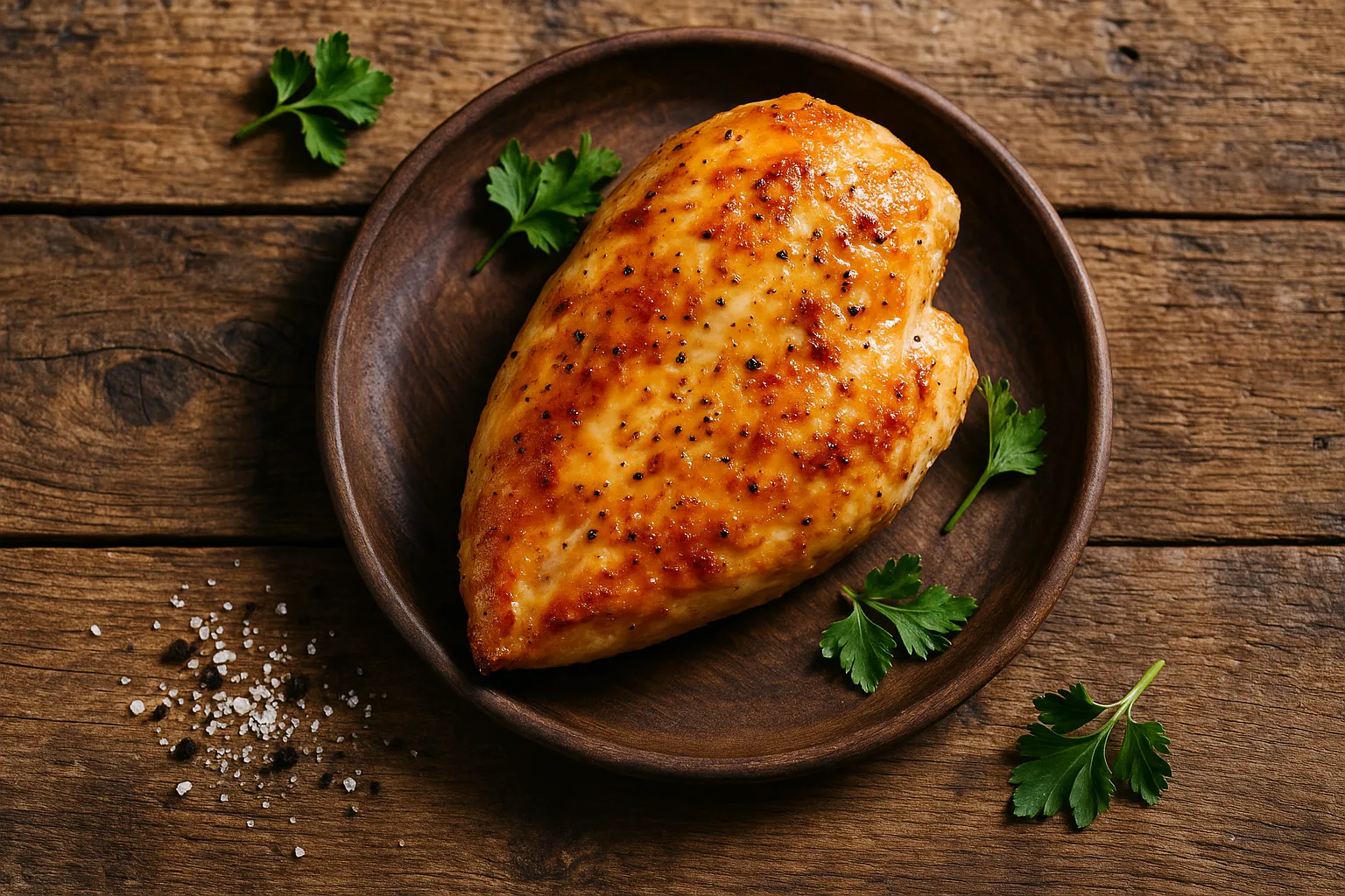 Fresh roasted chicken breast on rustic wooden table - 165 calories per 100g