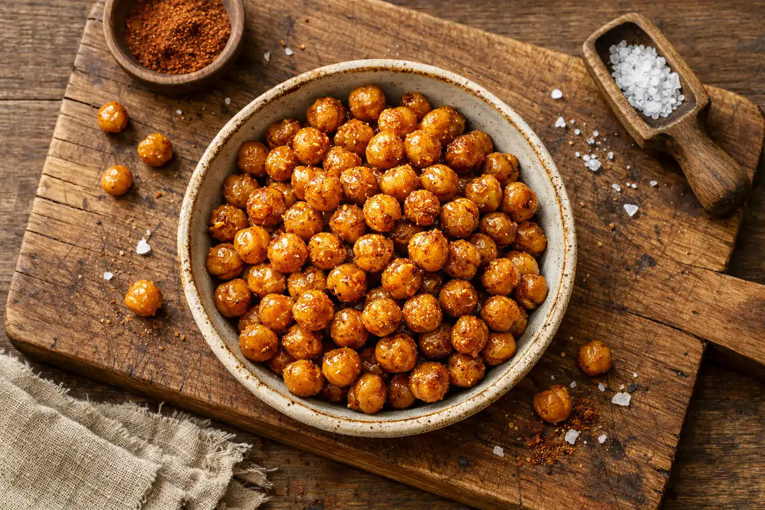 Frische geröstete Kichererbsen-Snacks auf rustikalem Holztisch - 120 Kalorien pro 30 g Portion