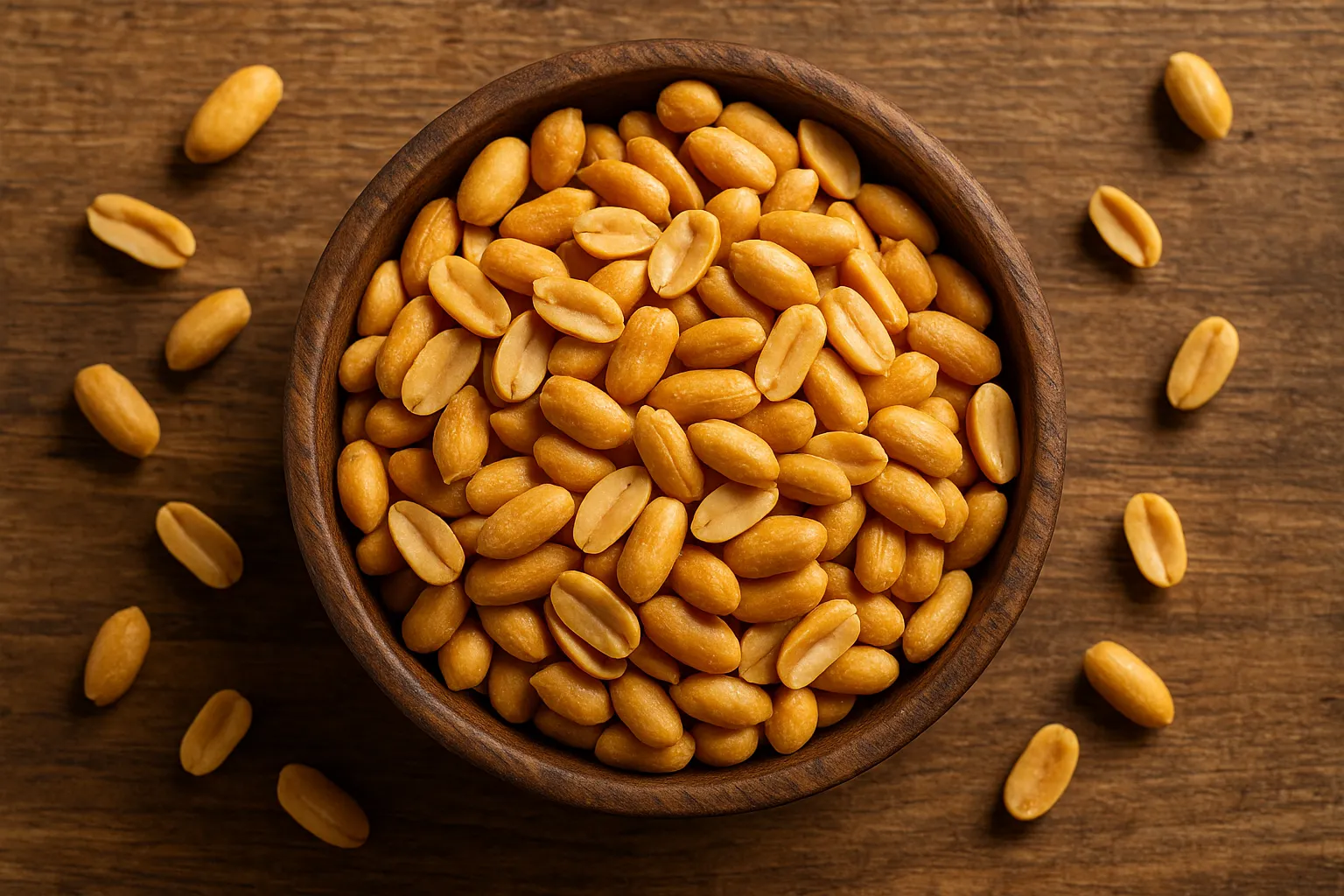 Fresh roasted peanuts on rustic wooden table - 567 calories per 100g