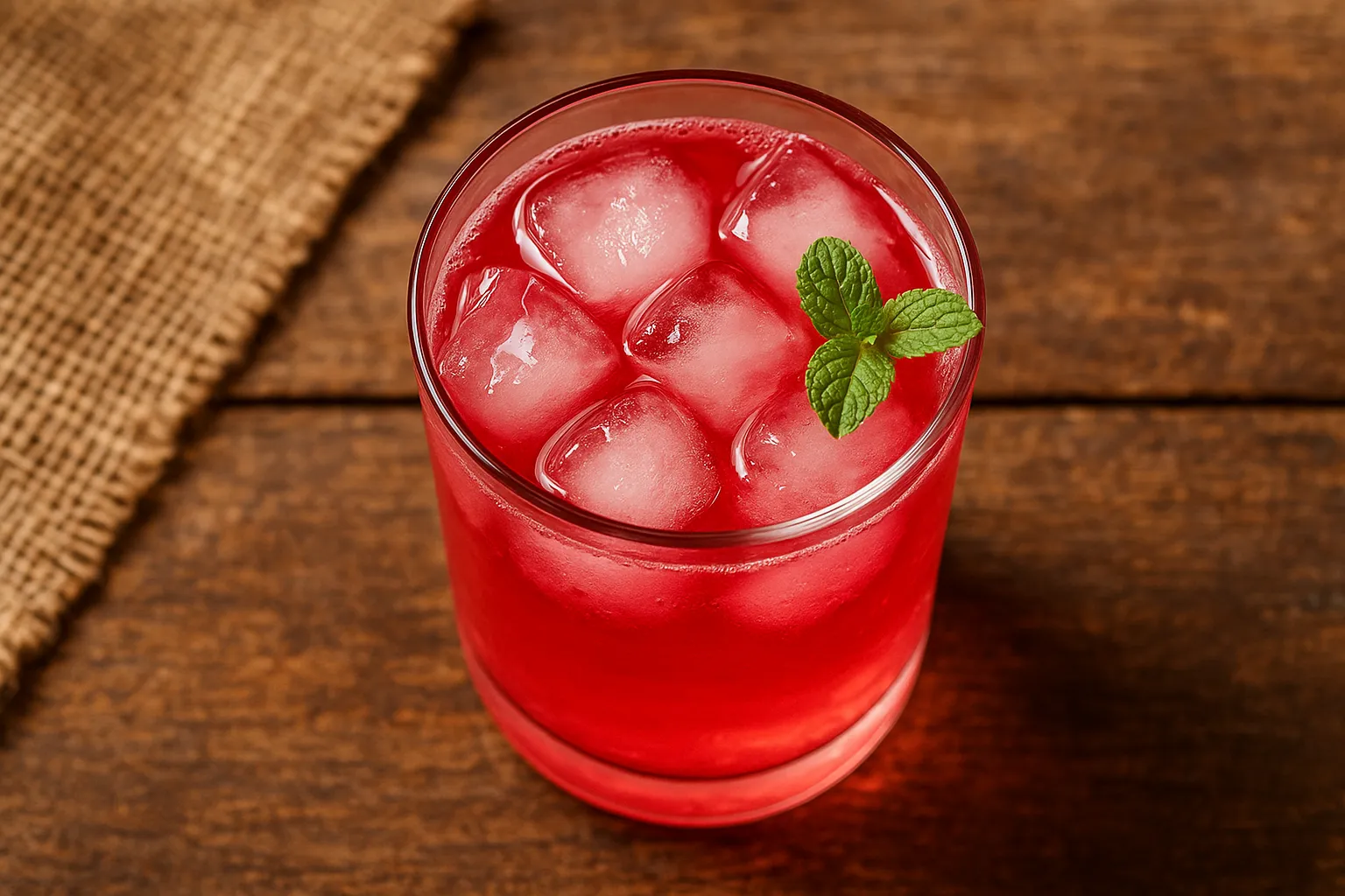 Fresh Rooh Afza drink on rustic wooden table - 90 calories per 30ml serving