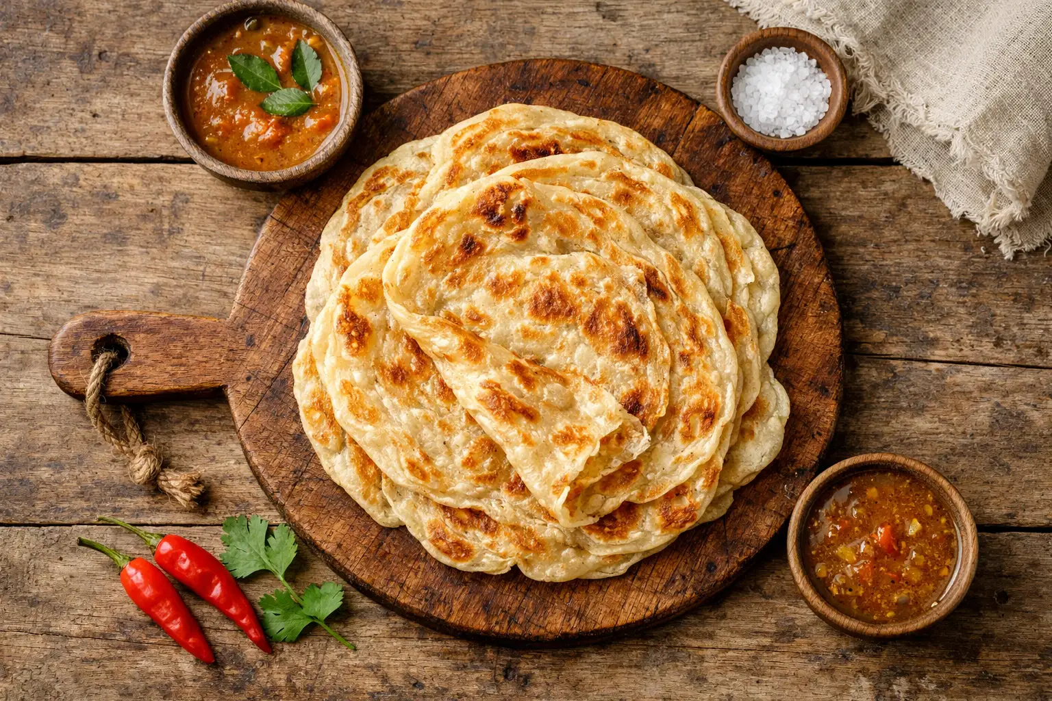 Fresh roti canai flatbread on rustic wooden table - 302 calories per piece