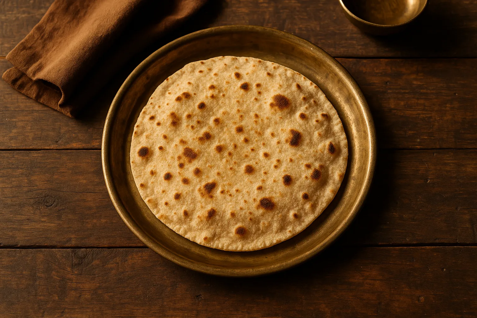 Fresh whole wheat roti on rustic wooden table - 71 calories per roti