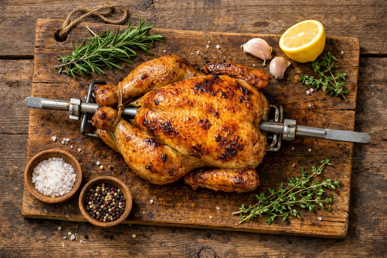 Fresh rotisserie chicken on rustic wooden table - 190 calories per 100g serving