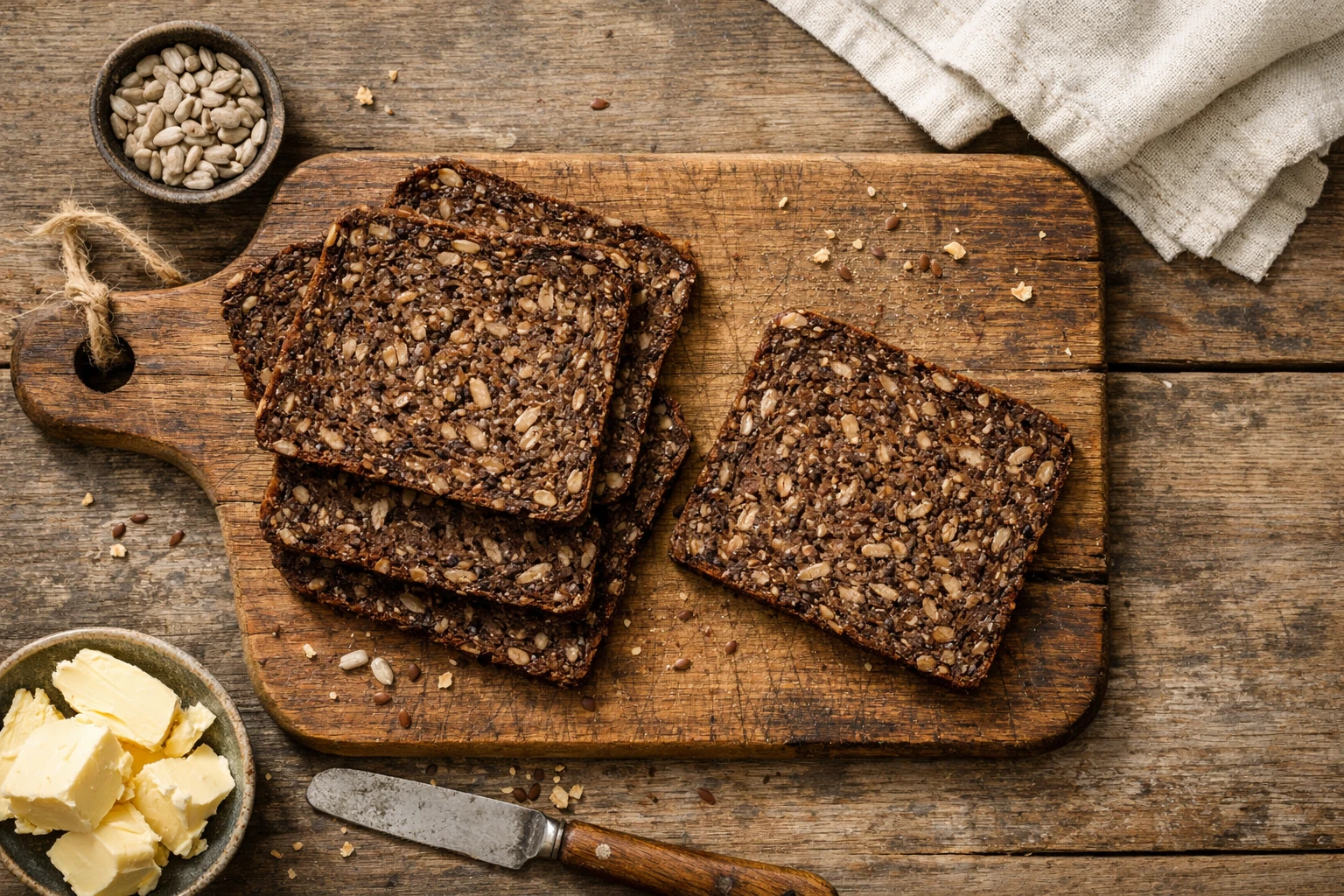 लकड़ी के बोर्ड पर कटा हुआ Rugbrød डेनिश डार्क राई ब्रेड - 100g में 210 कैलोरी