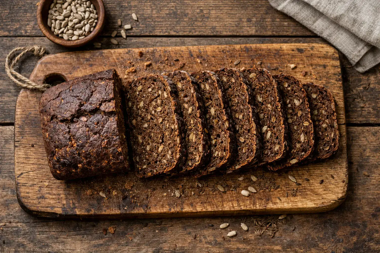 रूस्टिक लकड़ी की टेबल पर ताज़ा राई ब्रेड - प्रति 100g 259 कैलोरी