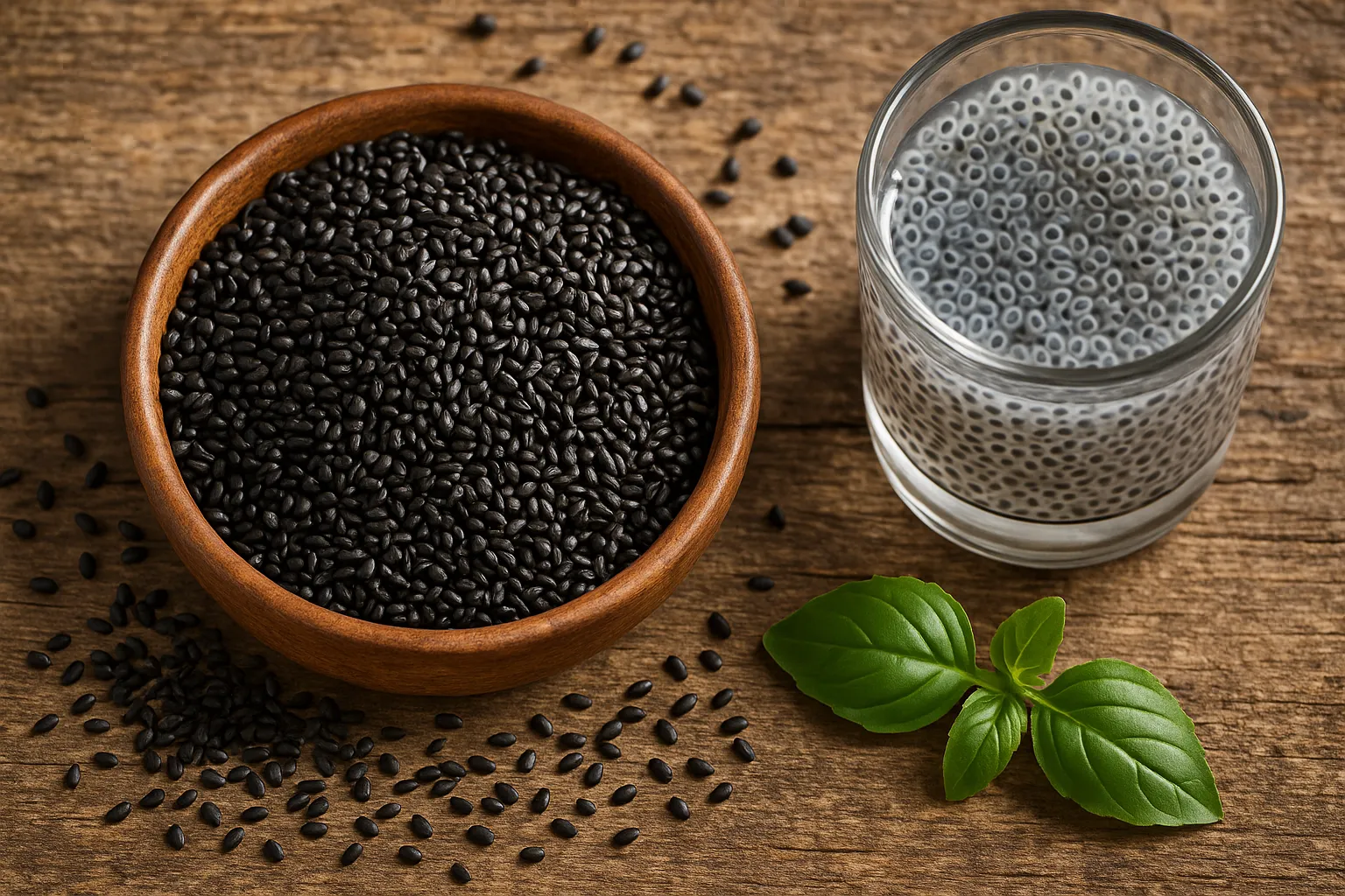 Fresh sabja seeds in rustic wooden bowl - 60 calories per tablespoon