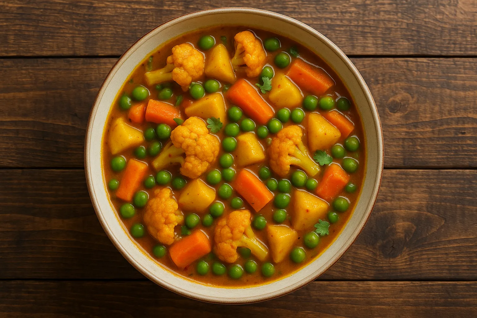 Fresh mixed vegetable sabji on rustic wooden table - 95 calories per 100g