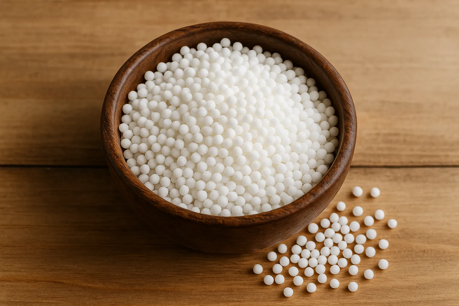 Fresh sabudana on rustic wooden table - 358 calories per 100g