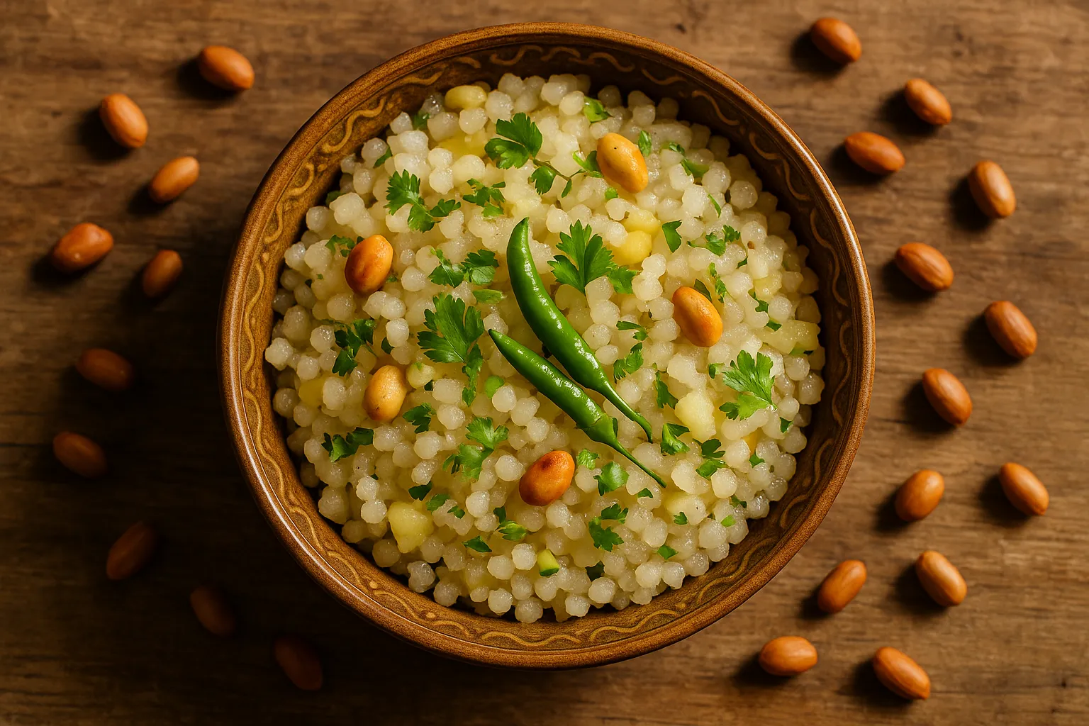 Fresh Sabudana Khichdi on rustic wooden table - 180 calories per 100g