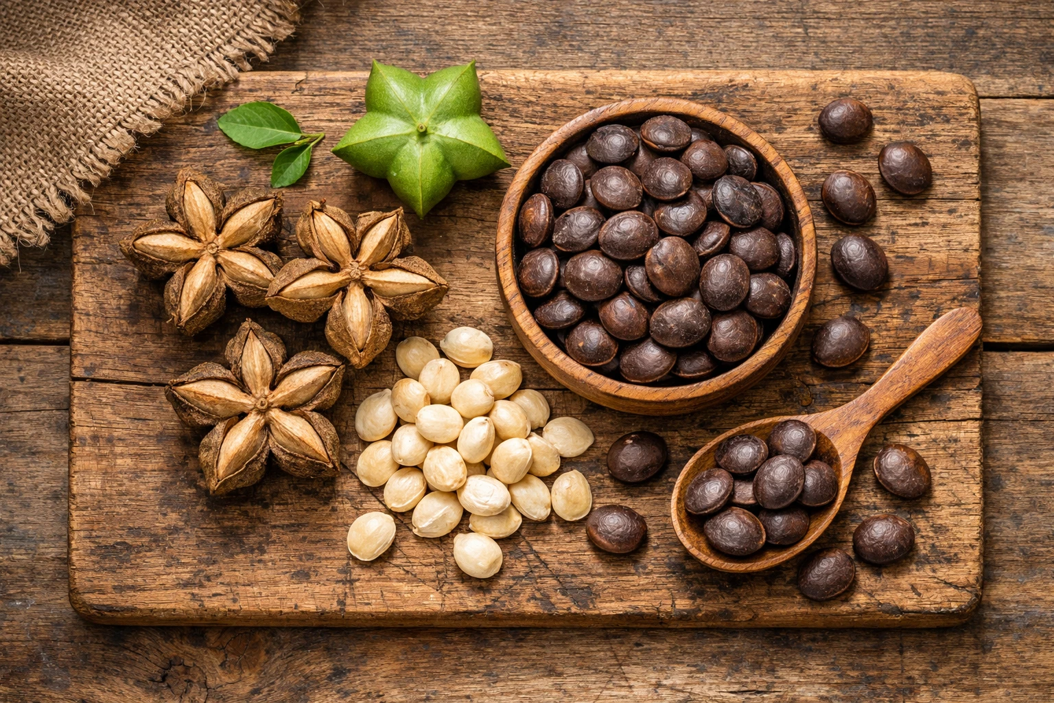 Fresh sacha inchi seeds on rustic wooden table - 170 calories per ounce