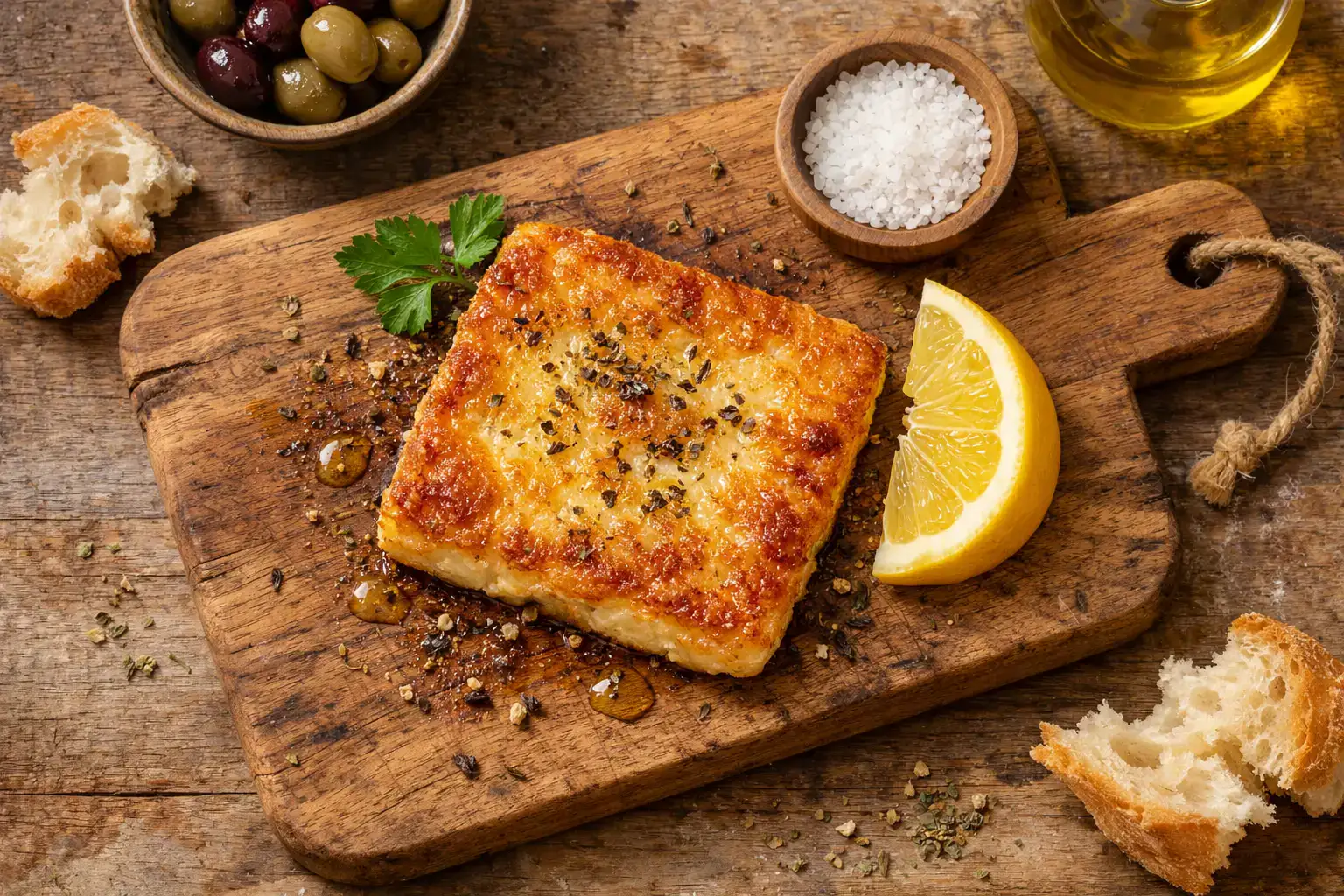 Frischer Saganaki gebratener griechischer Käse auf rustikalem Holztisch - 320 Kalorien pro 100 g