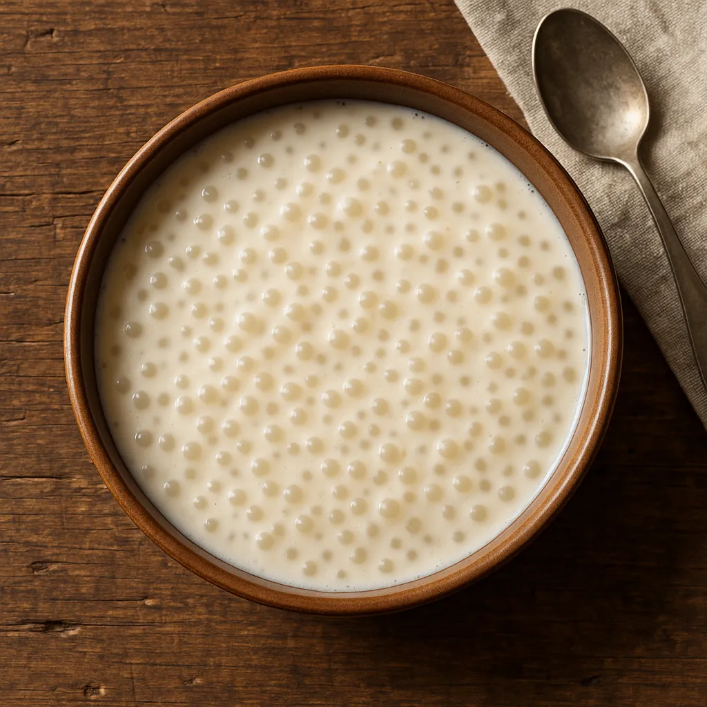 Creamy sagu pudding in white bowl on rustic wooden table - 95 calories per cup