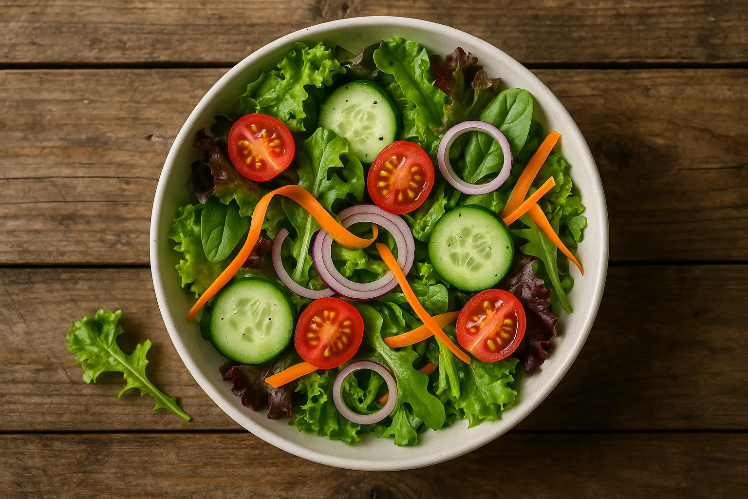 Fresh mixed green salad on rustic wooden table - 30 calories per 100g