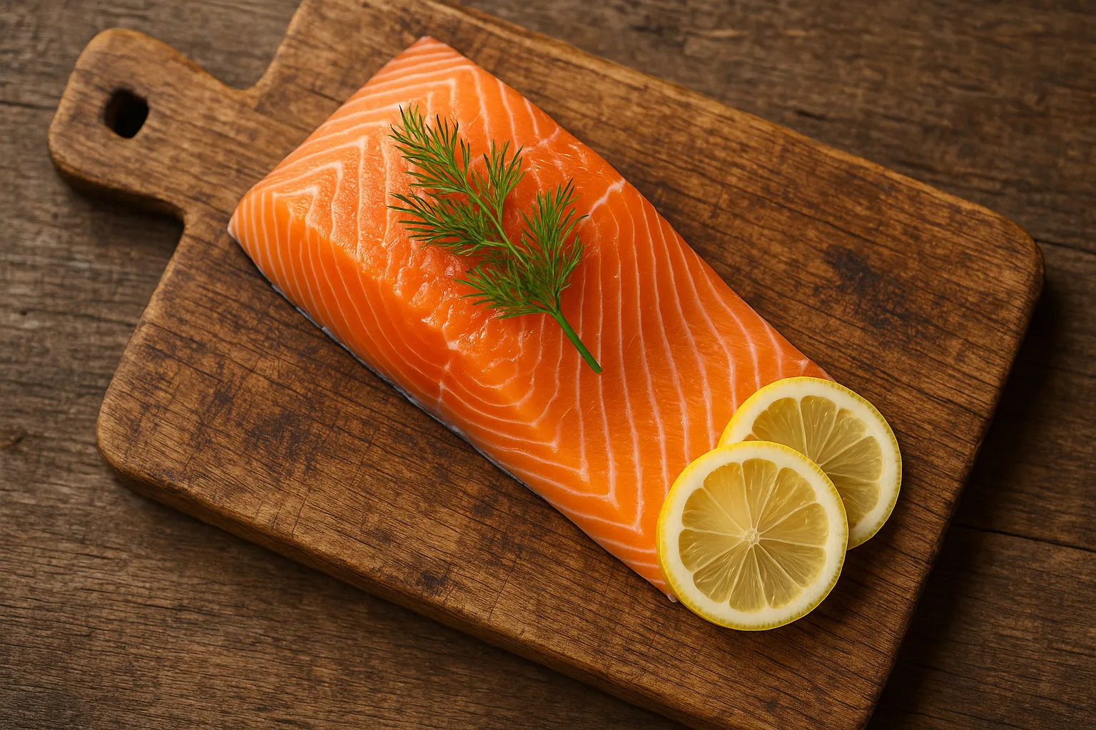 Filete de salmón fresco sobre mesa de madera - 206 calorías por porción de 85 g