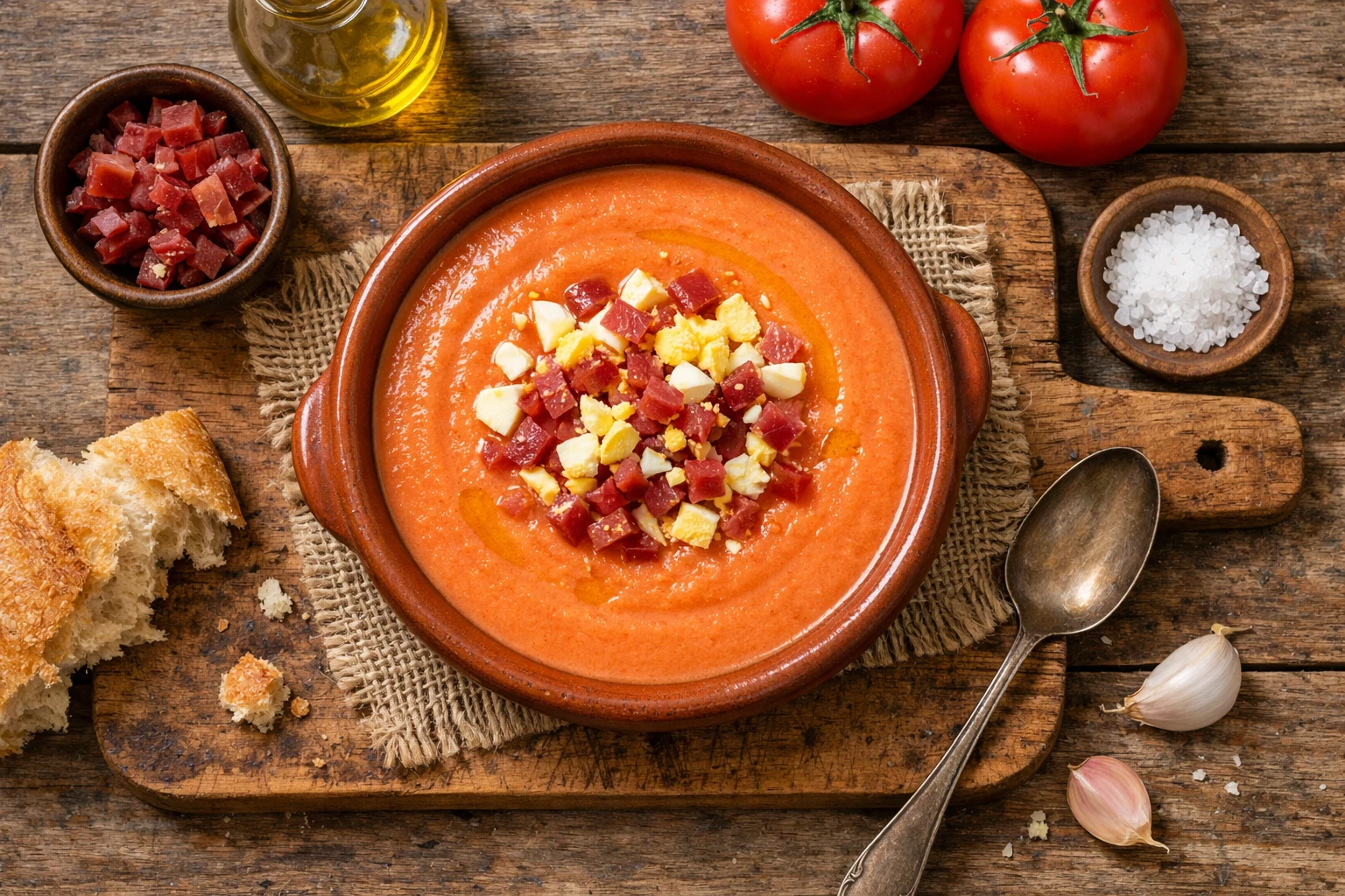 Sopa de Salmorejo fresca en tazón tradicional - 120 calorías por porción de 200 ml