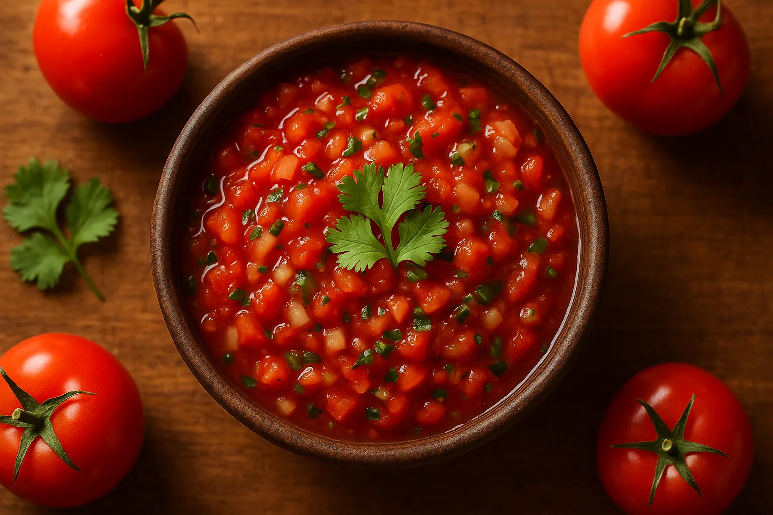 Fresh salsa on rustic wooden table - 38 calories per 1/2 cup