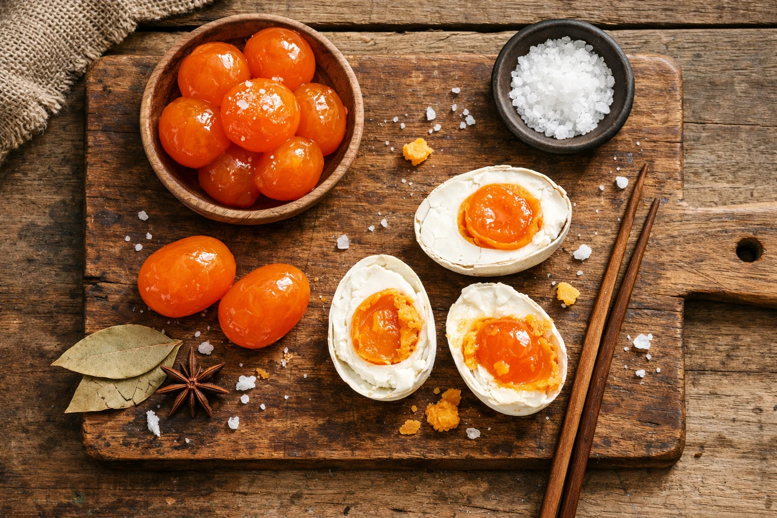 Golden salted egg yolk on rustic wooden table - 275 calories per 100g
