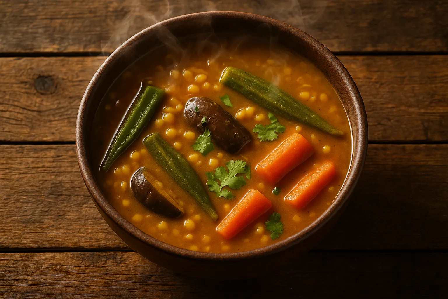 Steaming bowl of sambar with lentils and vegetables - 150 calories per cup